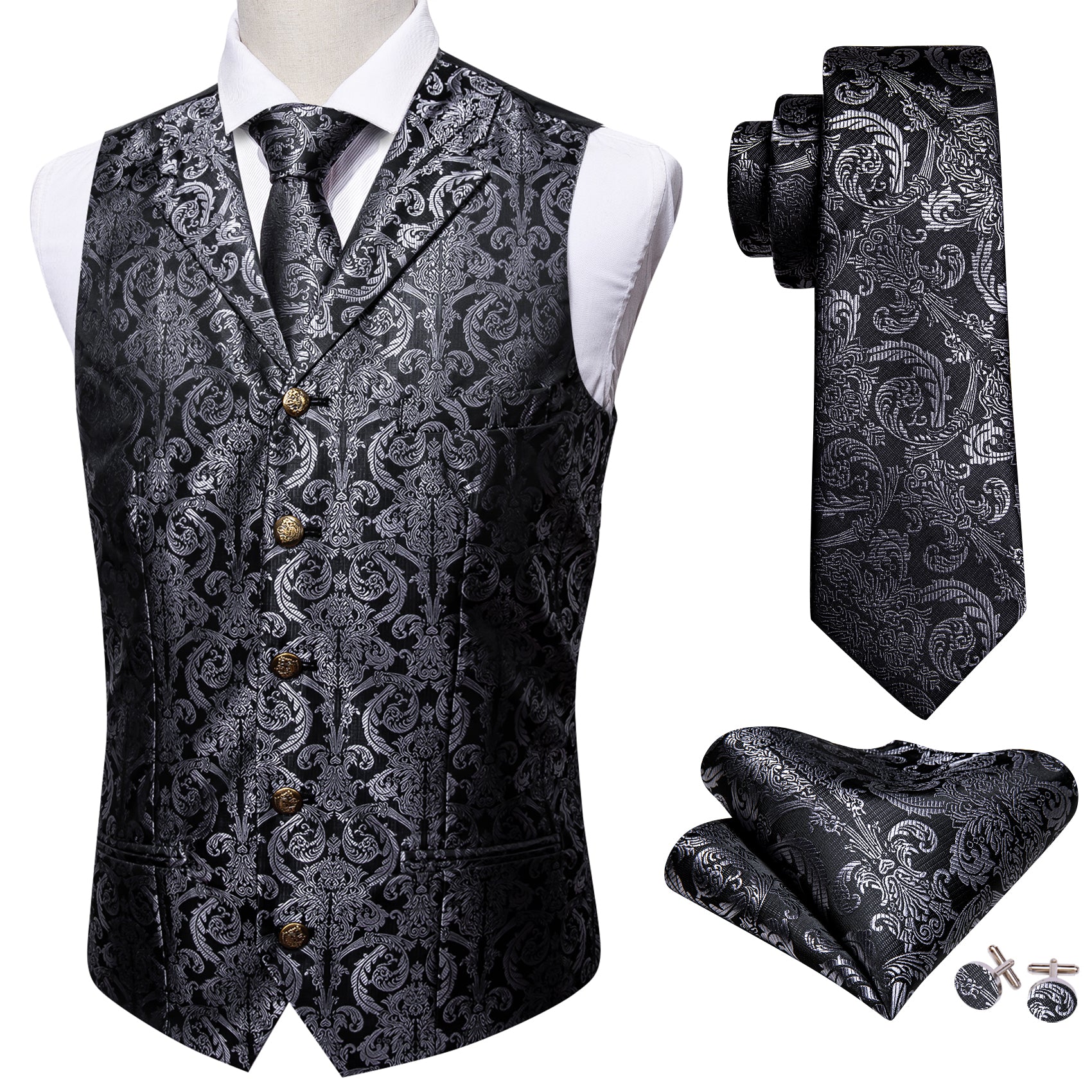 grey waistcoat Black suit silver vest