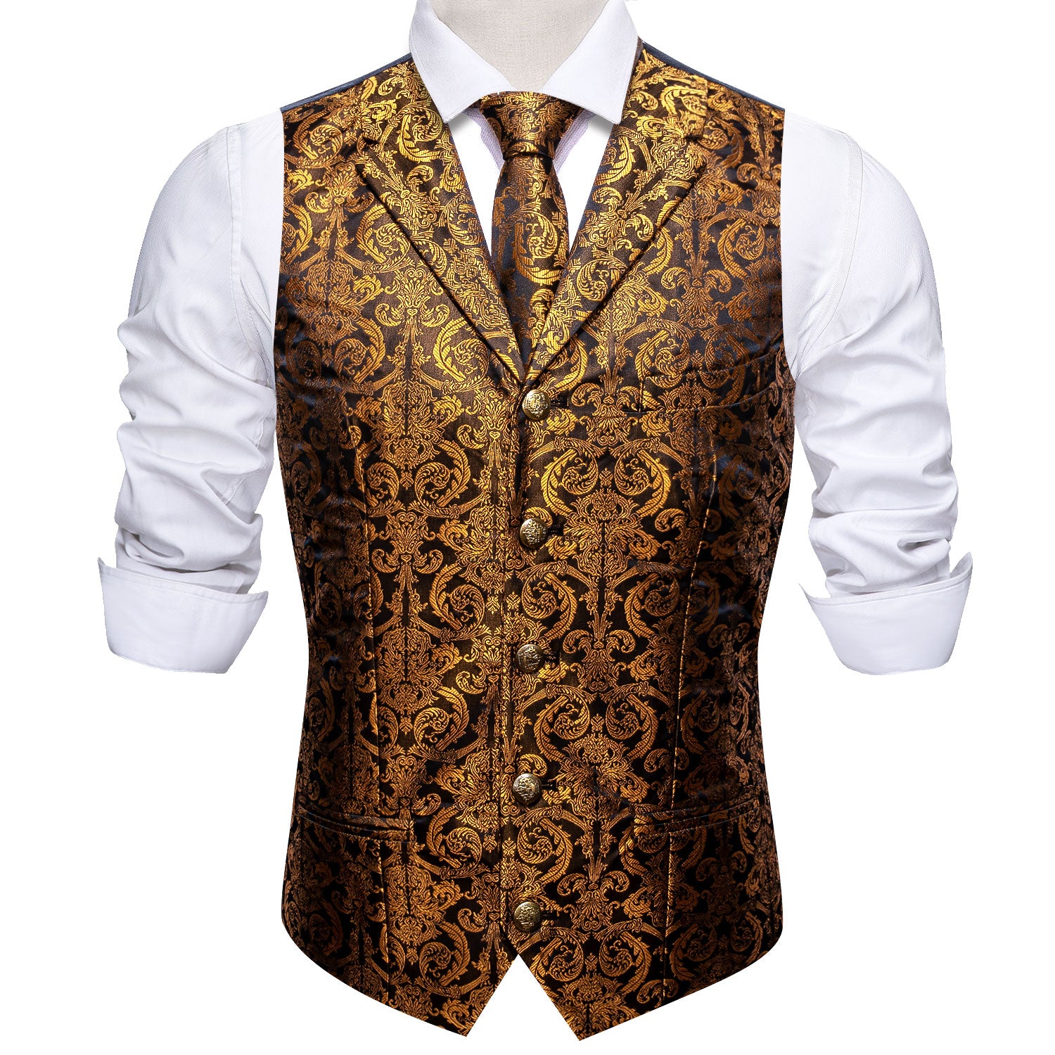 Bright Gold Black Paisley Silk Vest Necktie Pocket Square Cufflinks Set