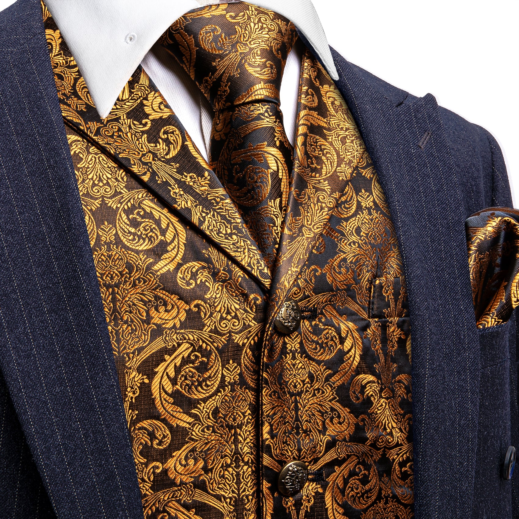 Bright Gold Black Paisley Silk Vest Necktie Pocket Square Cufflinks Set