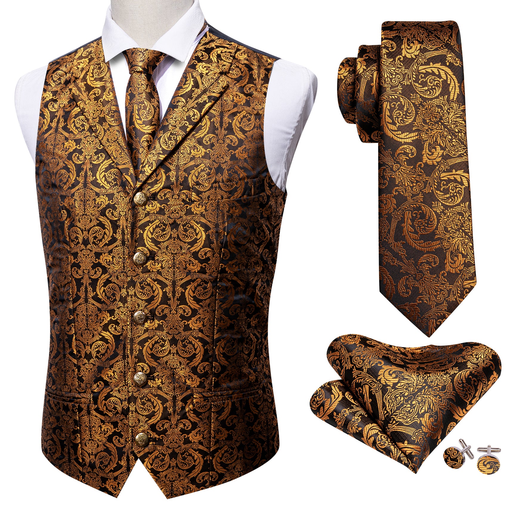 Bright Gold Black Paisley Silk Vest Necktie Pocket Square Cufflinks Se