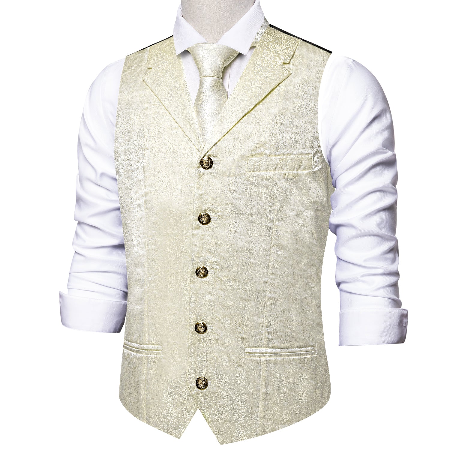 Creamy-White Solid Silk V Neck Vest Tie Pocket Square Cufflinks Set