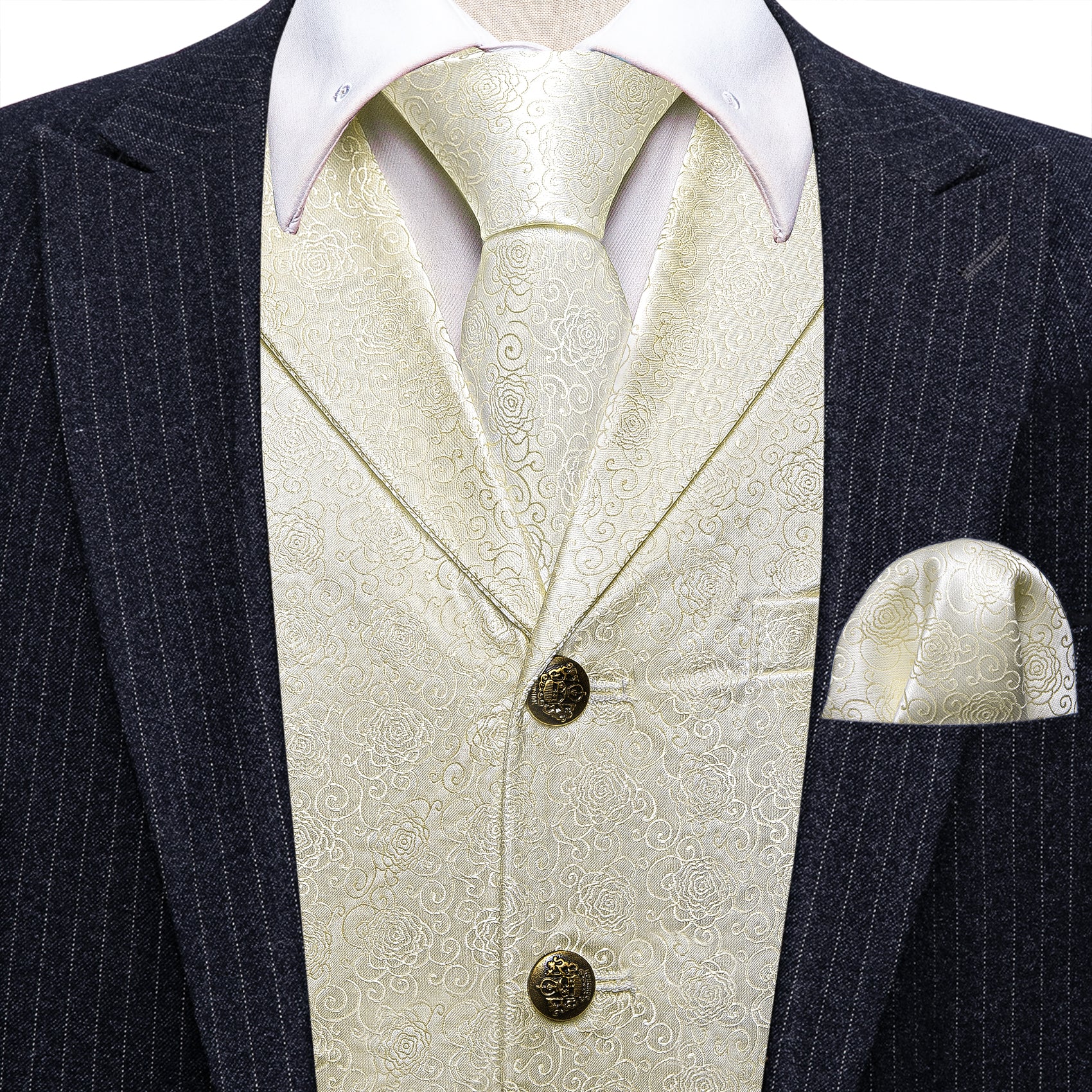 Creamy-White Solid Silk V Neck Vest Tie Pocket Square Cufflinks Set