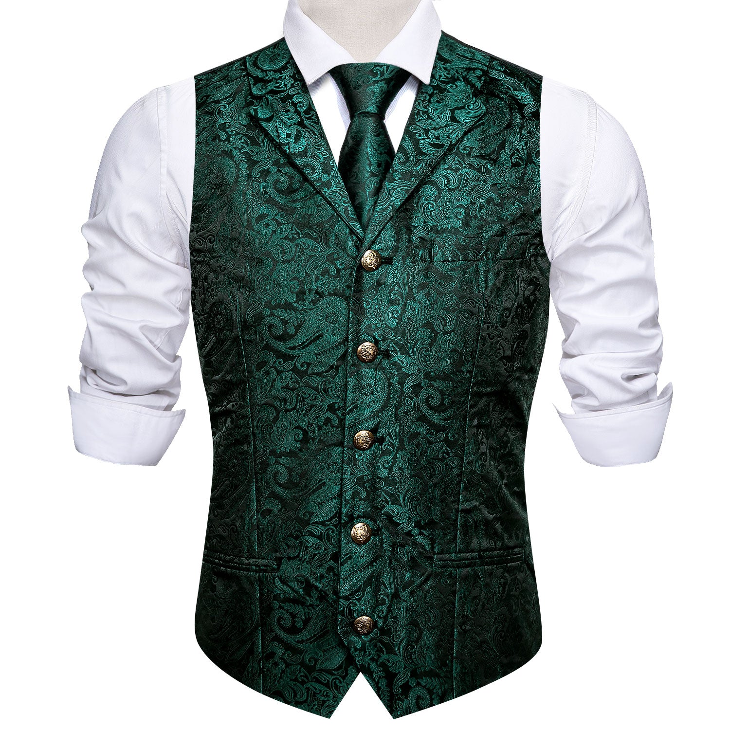 Men's Green Paisley Silk Tie Waistcoat Vest Hanky Cufflinks Set