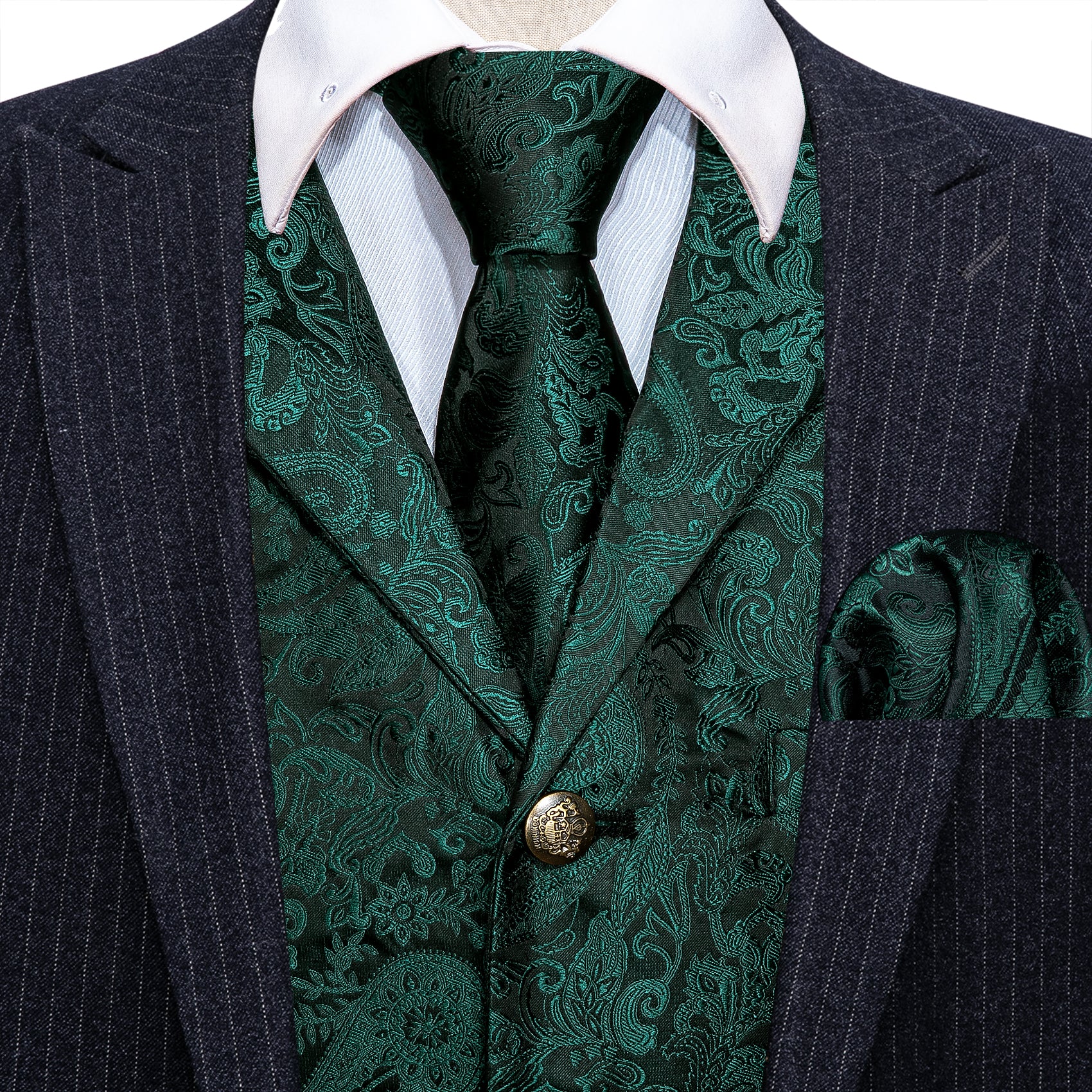 Barry.wang Men's Vest Green Paisley Silk Vest Tie Hanky Cufflinks Set