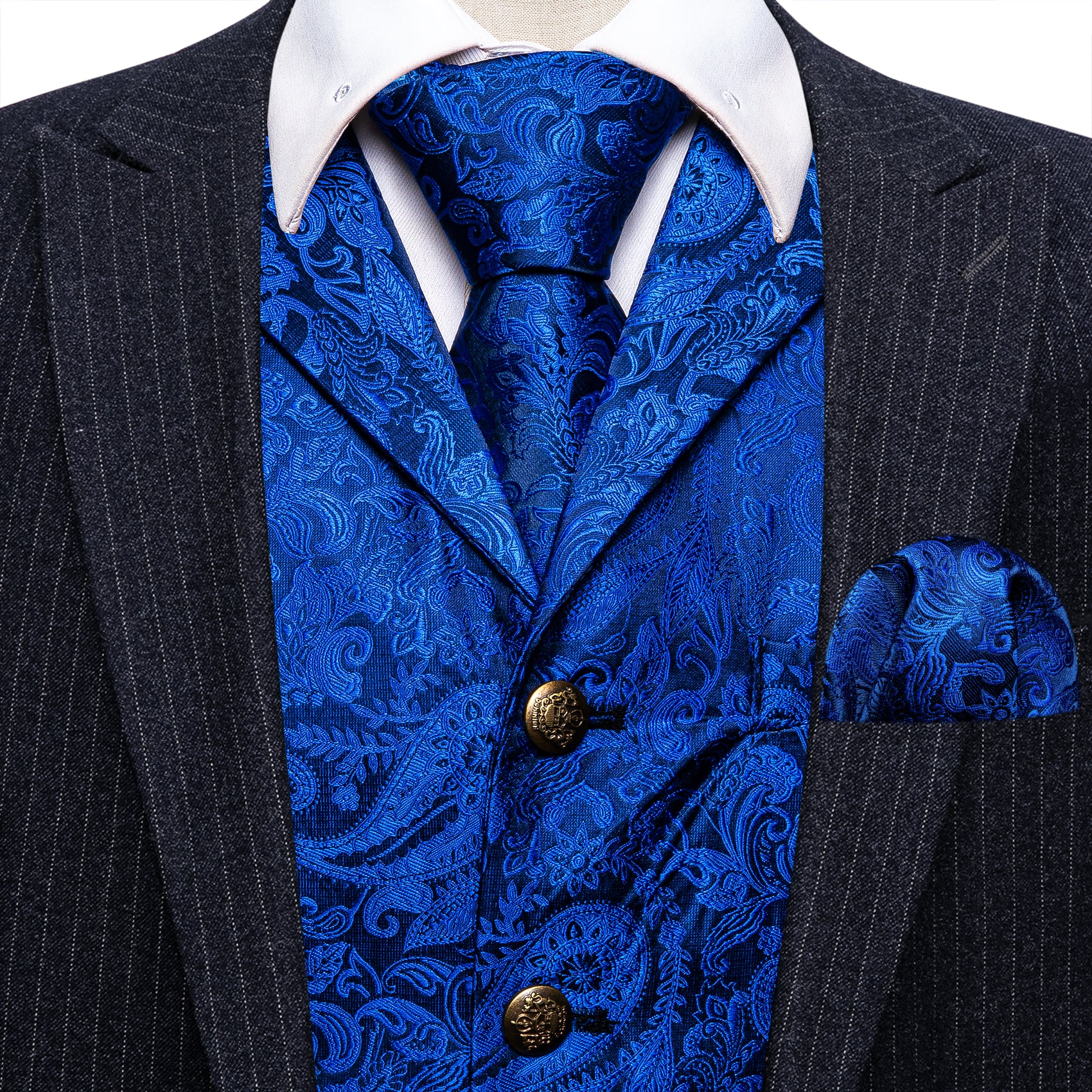 Bright Sapphire Blue Paisley Silk Vest Necktie Pocket Square Cufflinks Set
