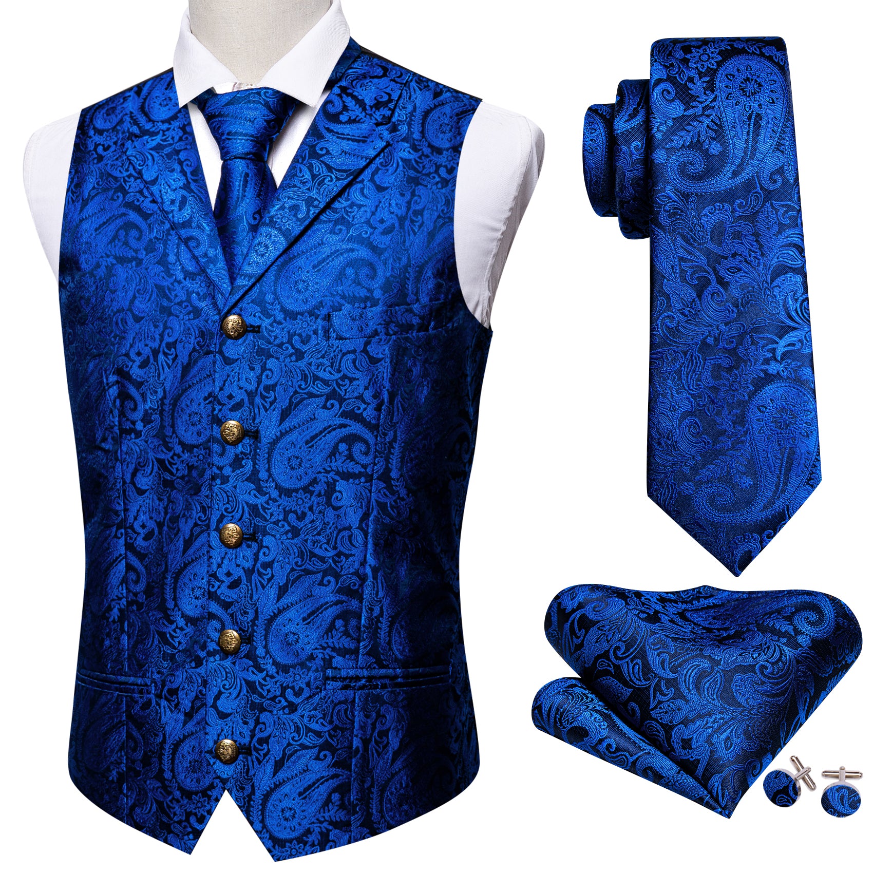 Bright Sapphire Blue Paisley Silk Vest Necktie Pocket Square Cufflinks Set