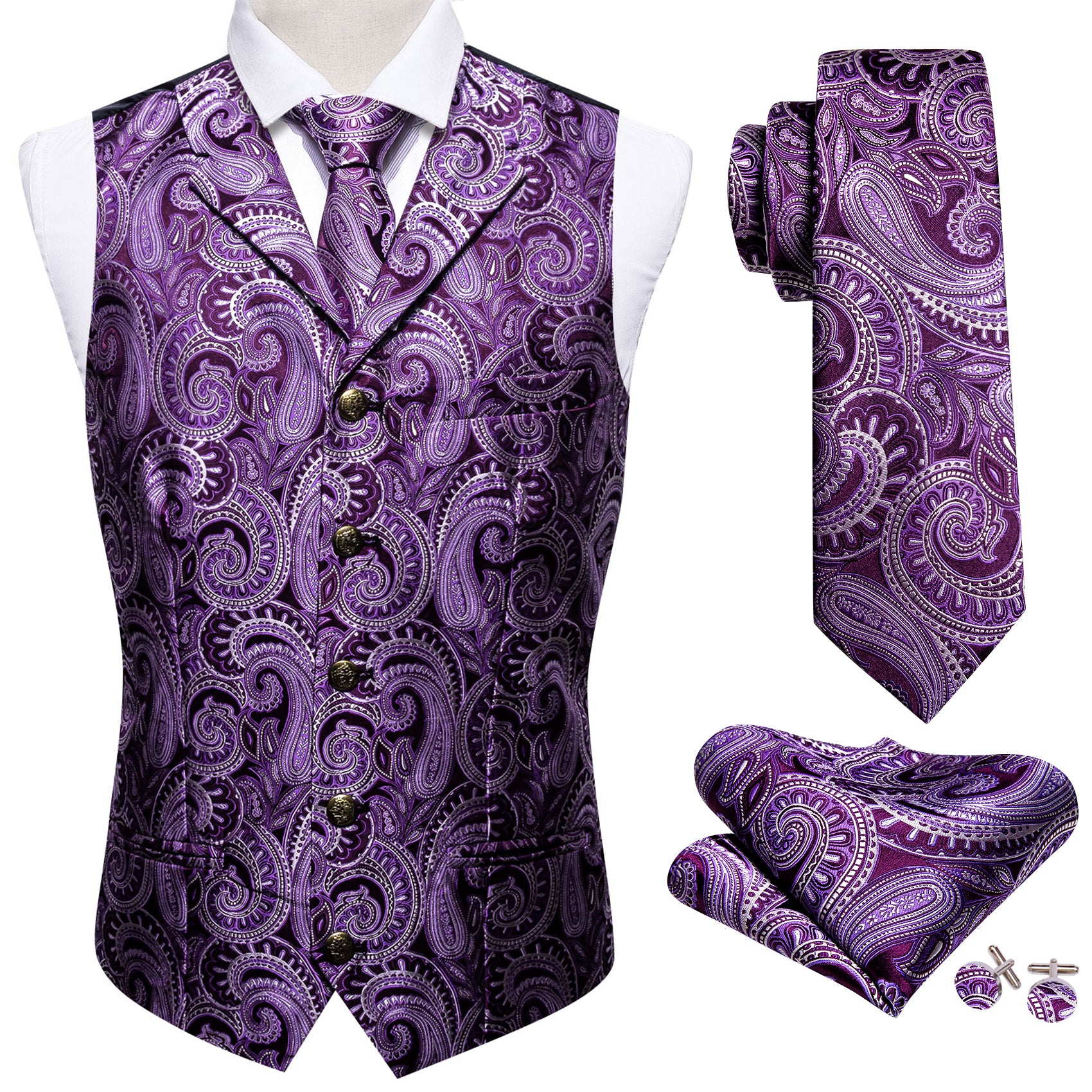 Purple Silver Paisley Silk Vest Necktie Pocket Square Cufflinks Set