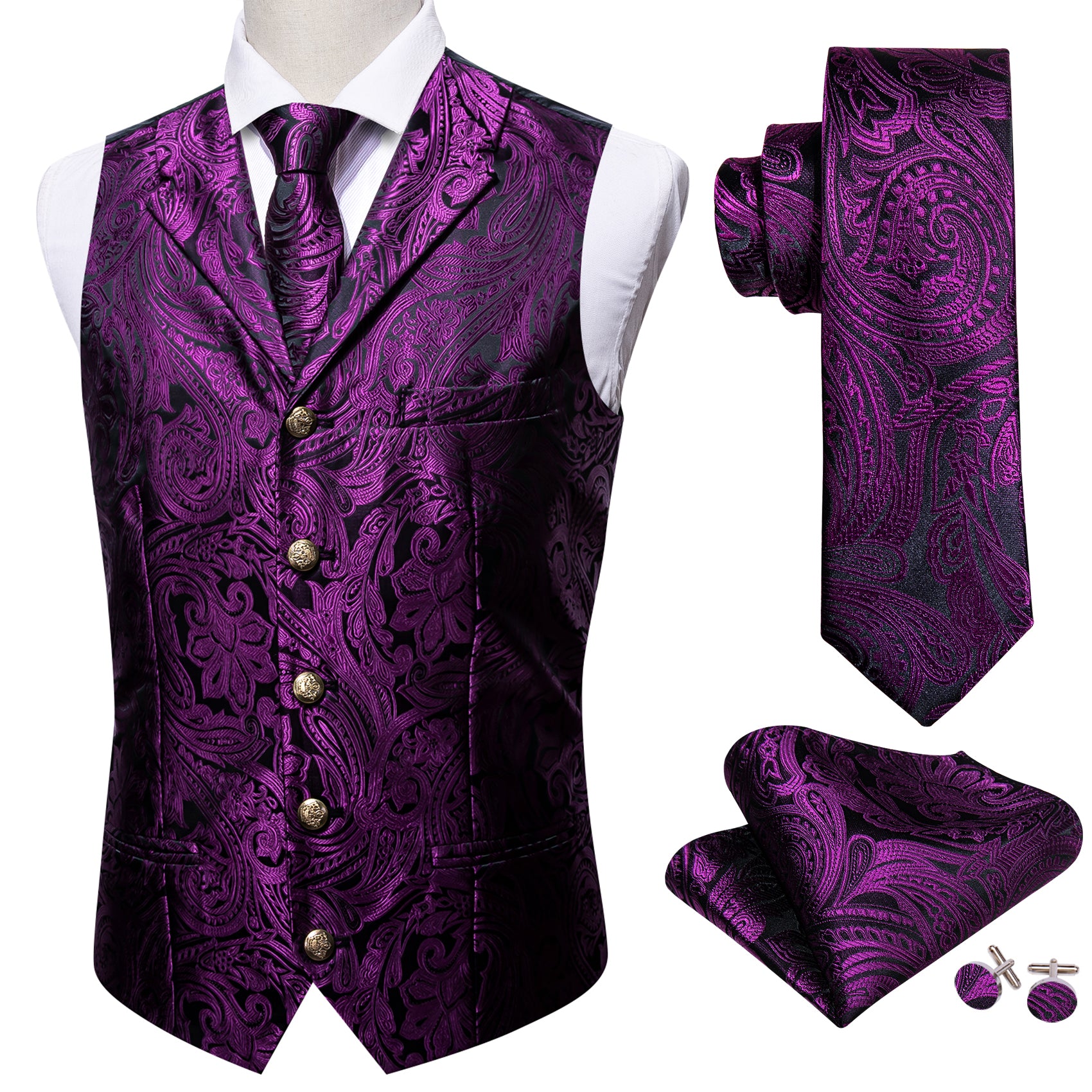 Purple Paisley Silk Vest Necktie Set