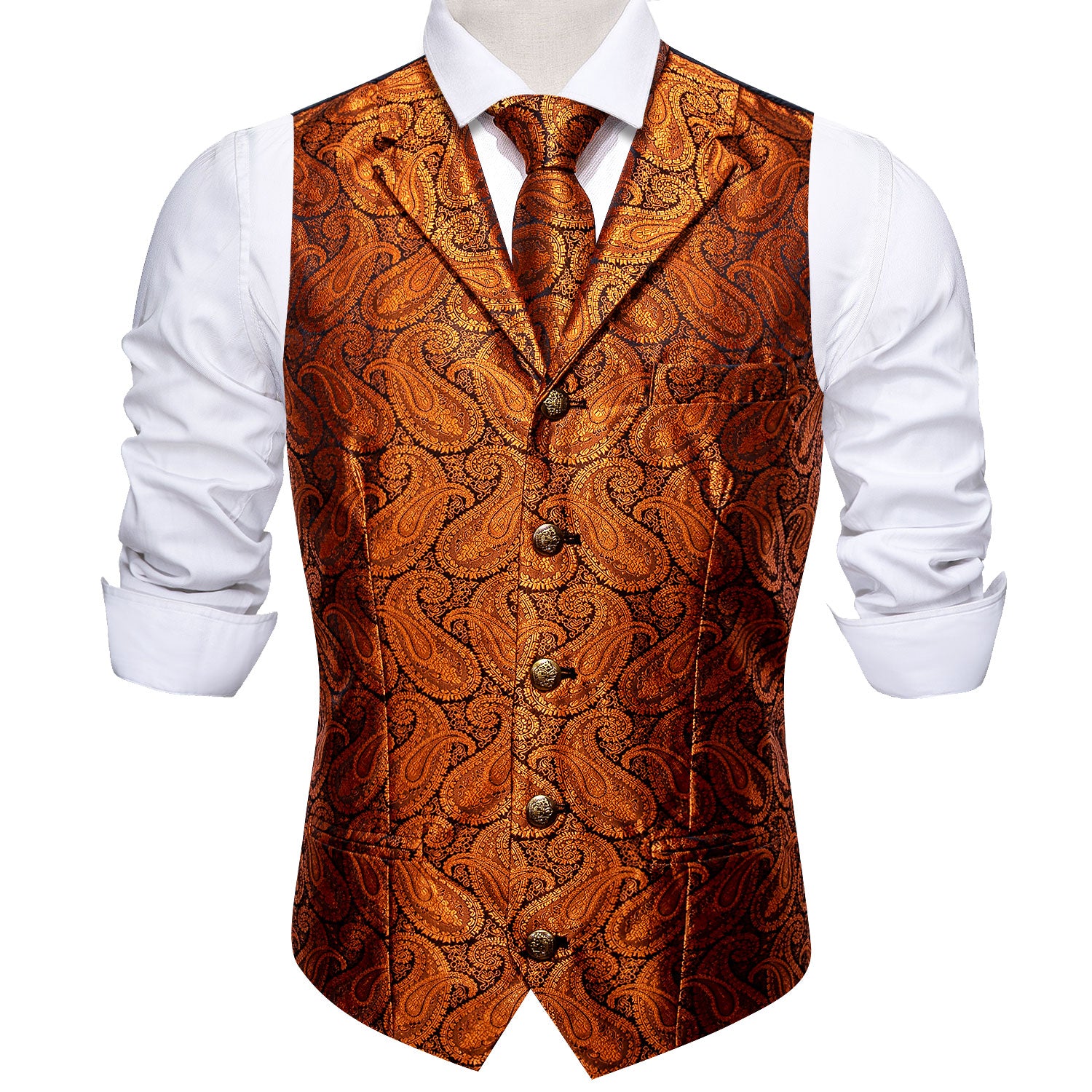 Barry.wang Men's Vest Shining Orange Paisley Silk Notched Collar Vest Necktie Set