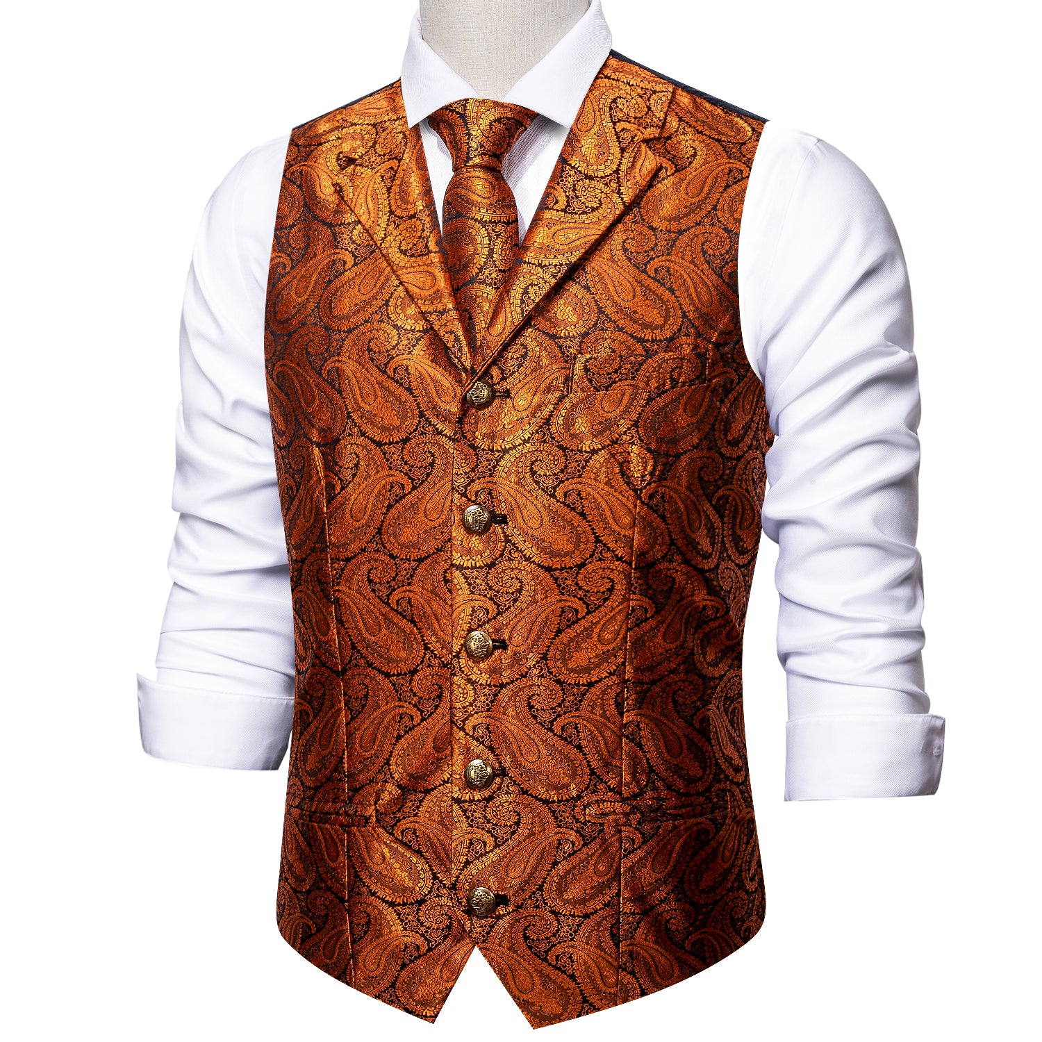 Barry.wang Men's Vest Shining Orange Paisley Silk Notched Collar Vest Necktie Set
