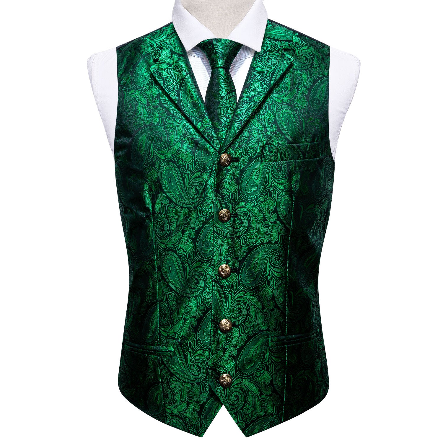 Bright Pale Green Paisley Silk Vest Necktie Set