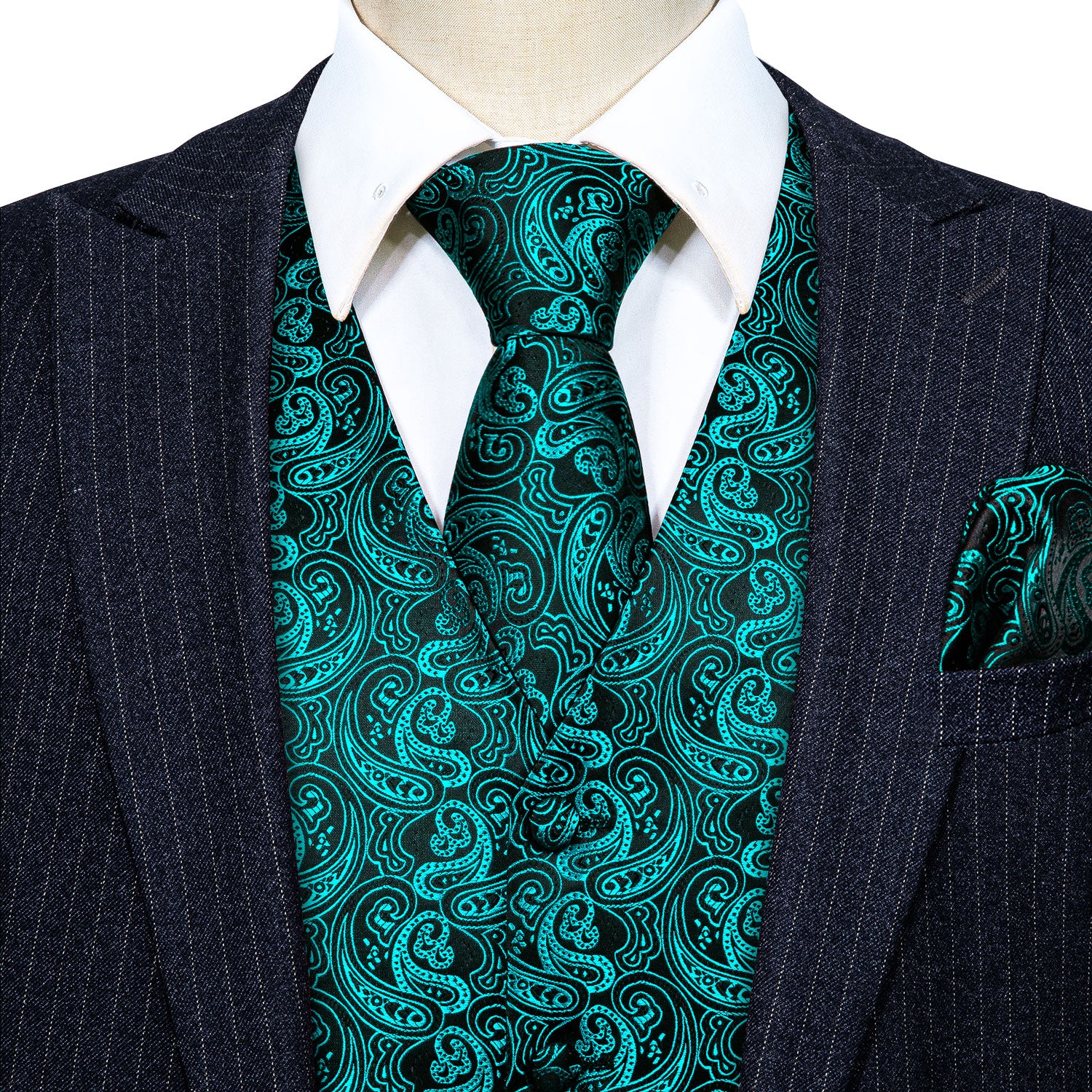 Claasy Men's Blue Black Floral Silk Vest Necktie Pocket square Cufflinks
