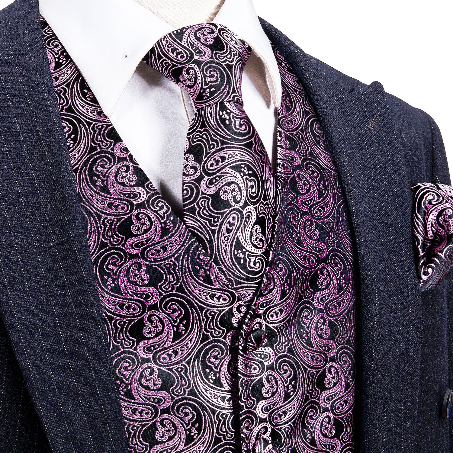Classy Men's Pink Black Paisley Silk Vest Necktie Pocket square Cufflinks