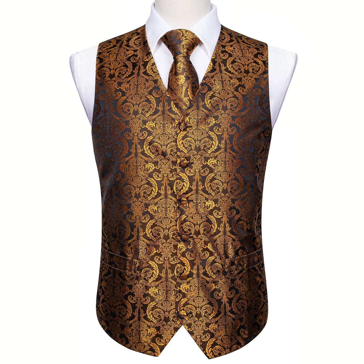 New Men's Gold Brown Paisley Silk Vest Necktie Pocket square Cufflinks