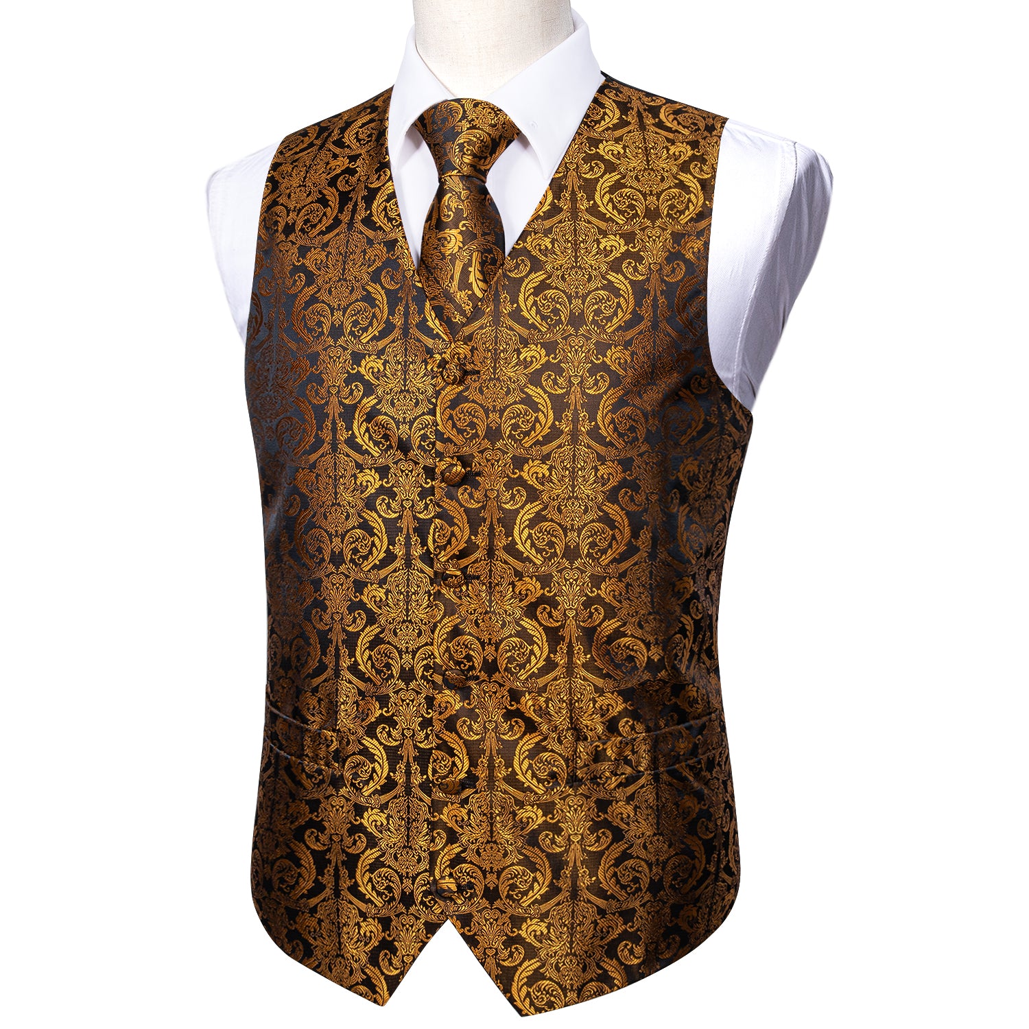 New Men's Gold Brown Paisley Silk Vest Necktie Pocket square Cufflinks
