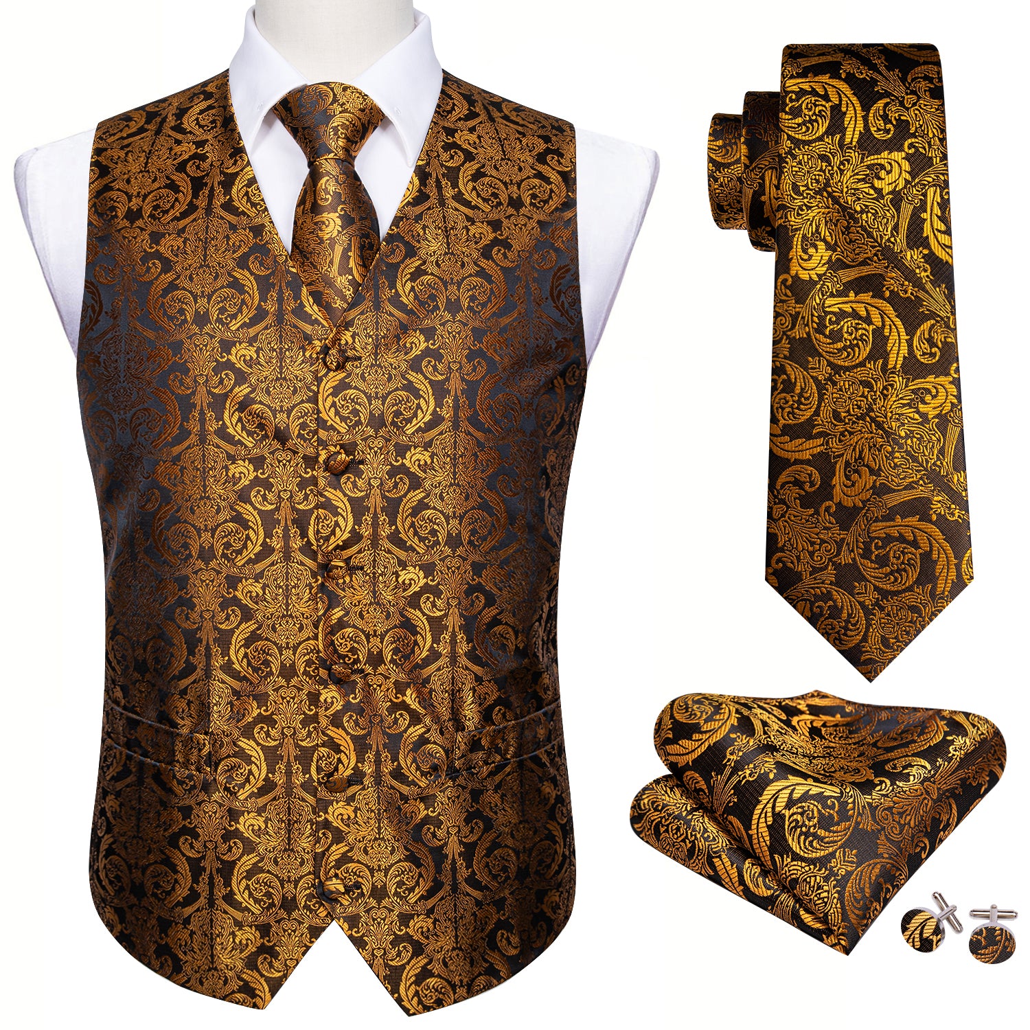 Men's Gold Brown Paisley Silk Vest Necktie Pocket square Cufflinks