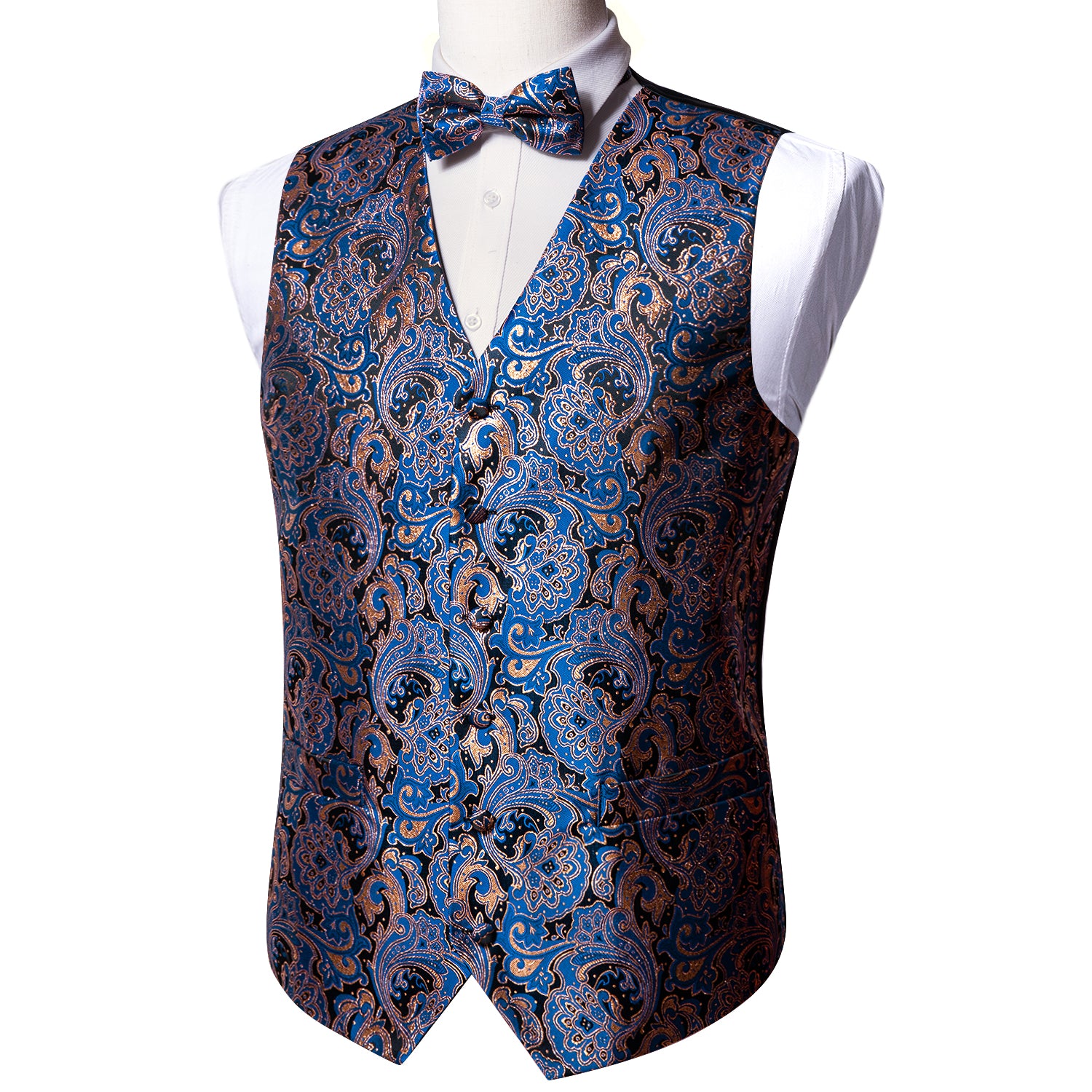 Fashion Men's Blue Paisley Silk Vest Bowtie Pocket square Cufflinks