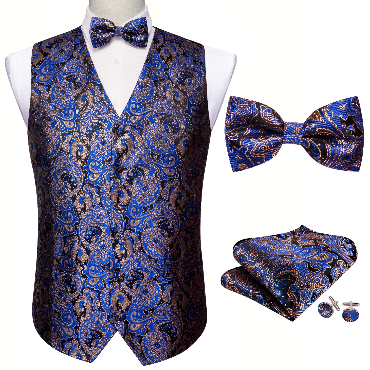 Fashion Men's Blue Paisley Silk Vest Bowtie Pocket square Cufflinks