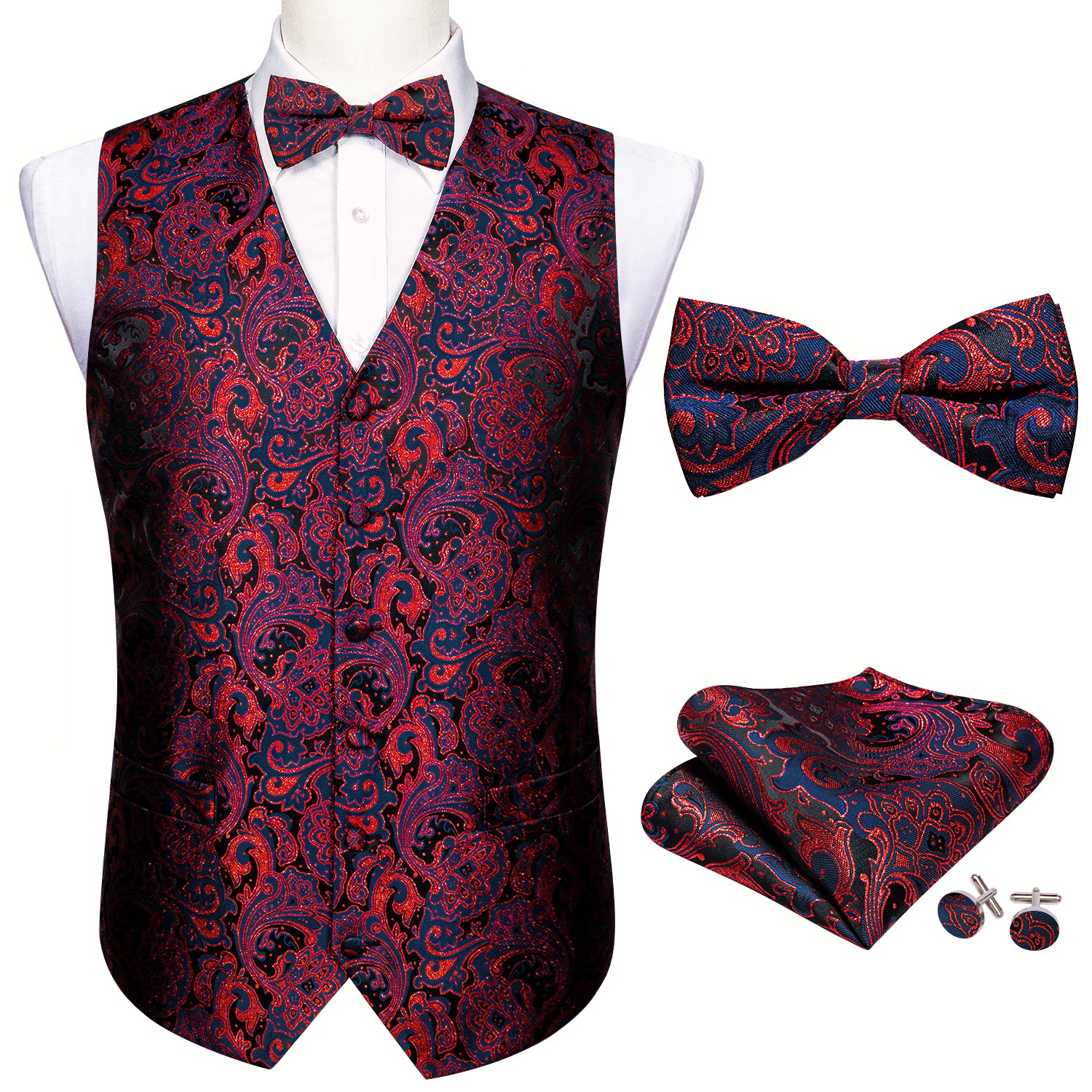 Fashion Men's Red Blue Paisley Silk Vest Bowtie Pocket square Cufflinks