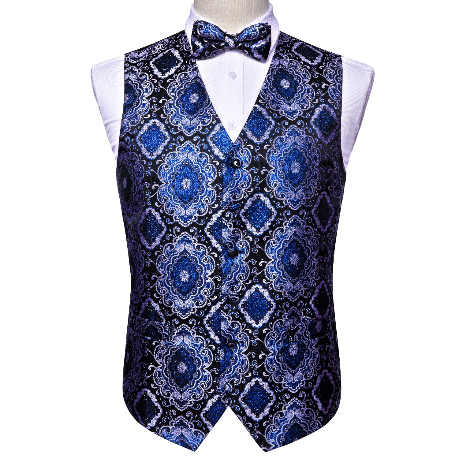 Novelty Men's Blue Black Geometry Paisley Silk Vest Bowie Pocket square Cufflinks