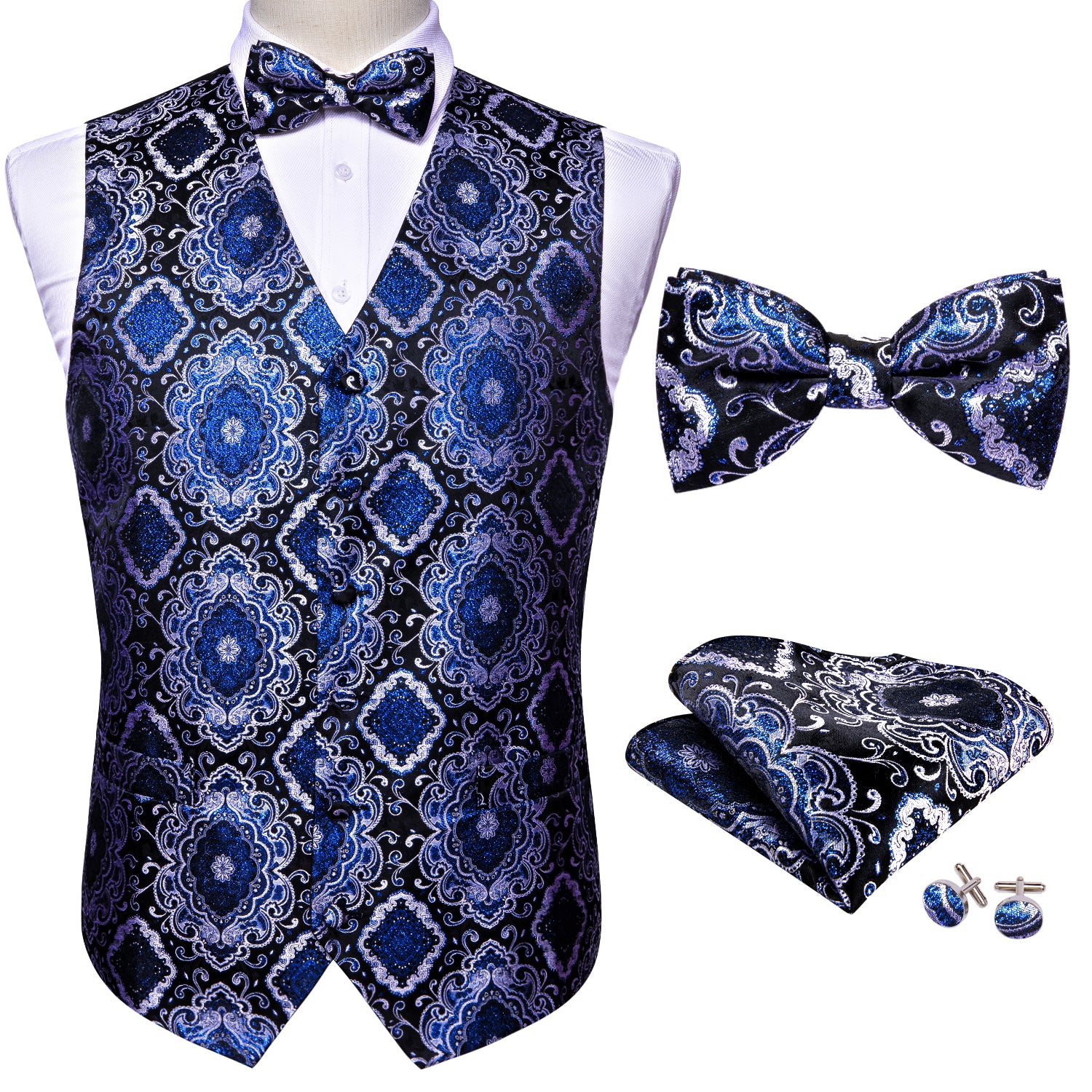 Novelty Men's Blue Black Geometry Paisley Silk Vest Bowie Pocket square Cufflinks