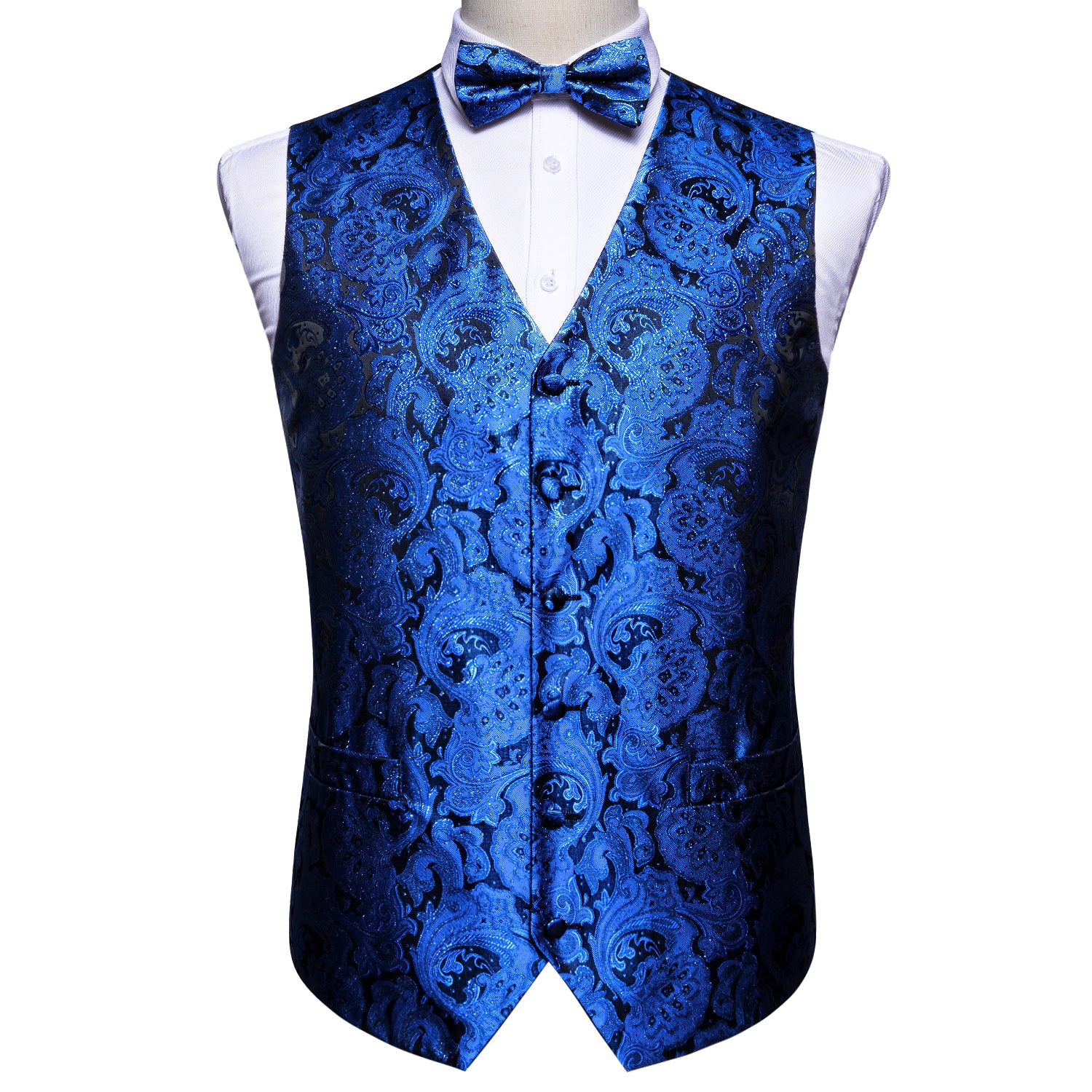 Classy Men's Blue Paisley Silk Vest Bowtie Pocket square Cufflinks