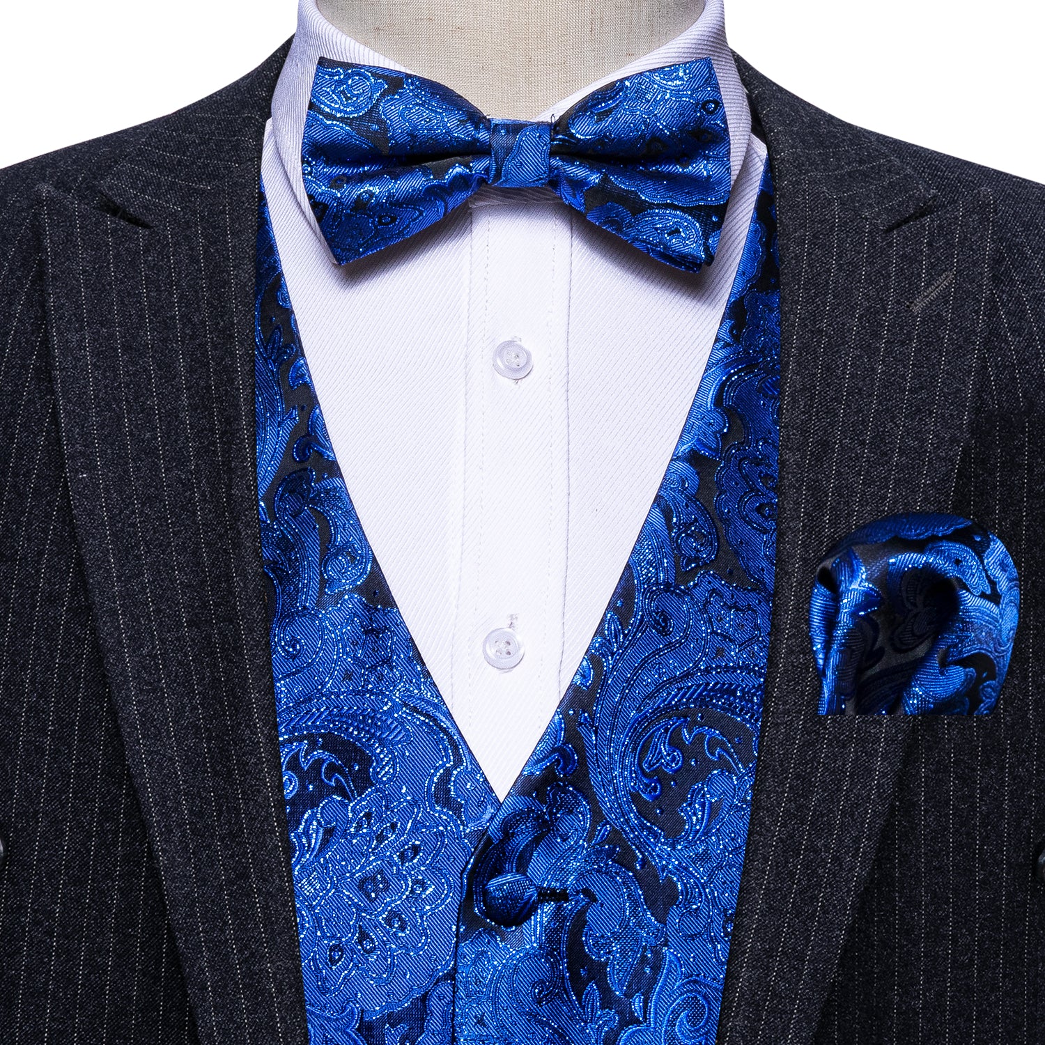 Classy Men's Blue Paisley Silk Vest Bowtie Pocket square Cufflinks