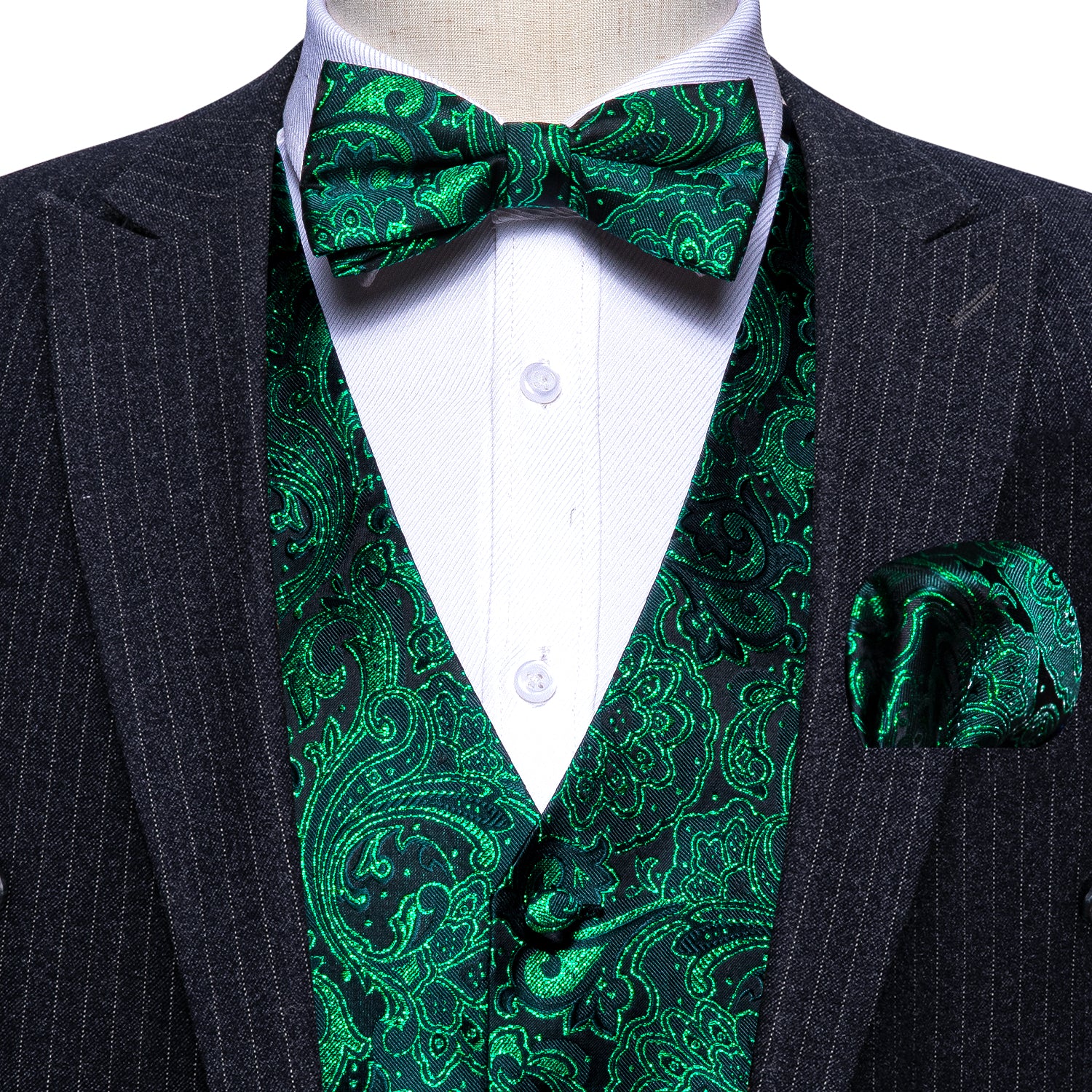 Shining Men's Green Paisley Silk Vest Bowtie Pocket square Cufflinks