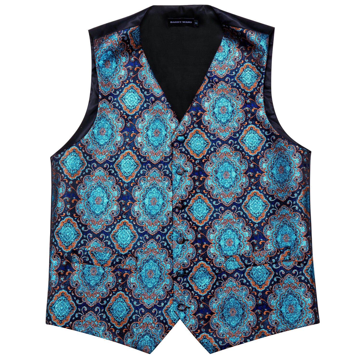 Shining Men's Teal Blue Brown Paisley Silk Vest Bowtie Pocket square Cufflinks
