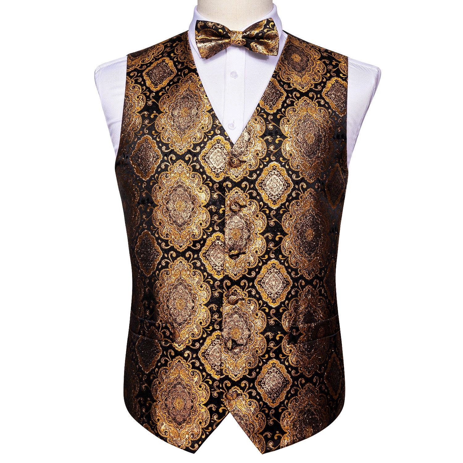 Luxury Men's Gold Brown Paisley Silk Vest Bowtie Pocket square Cufflinks