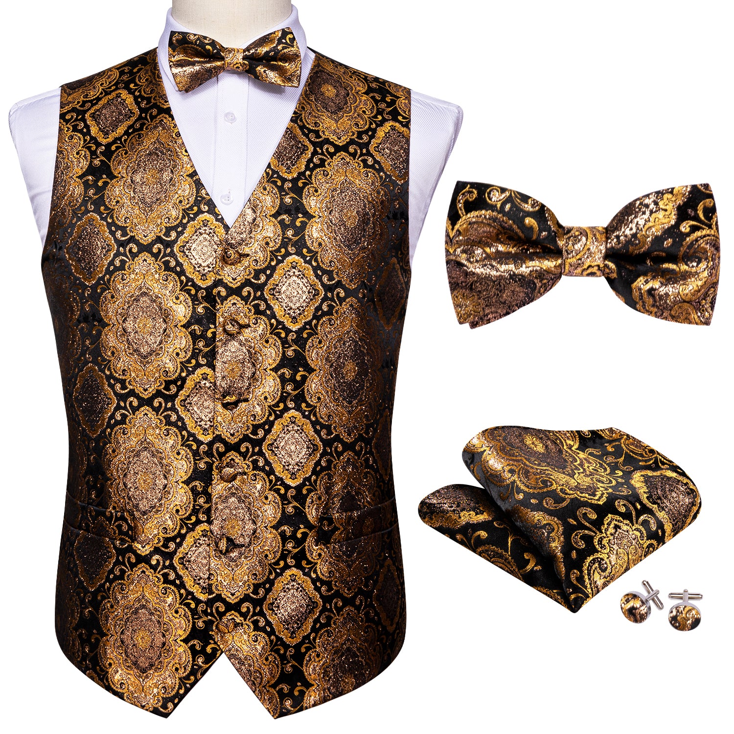 Luxury Men's Gold Brown Paisley Silk Vest Bowtie Pocket square Cufflinks