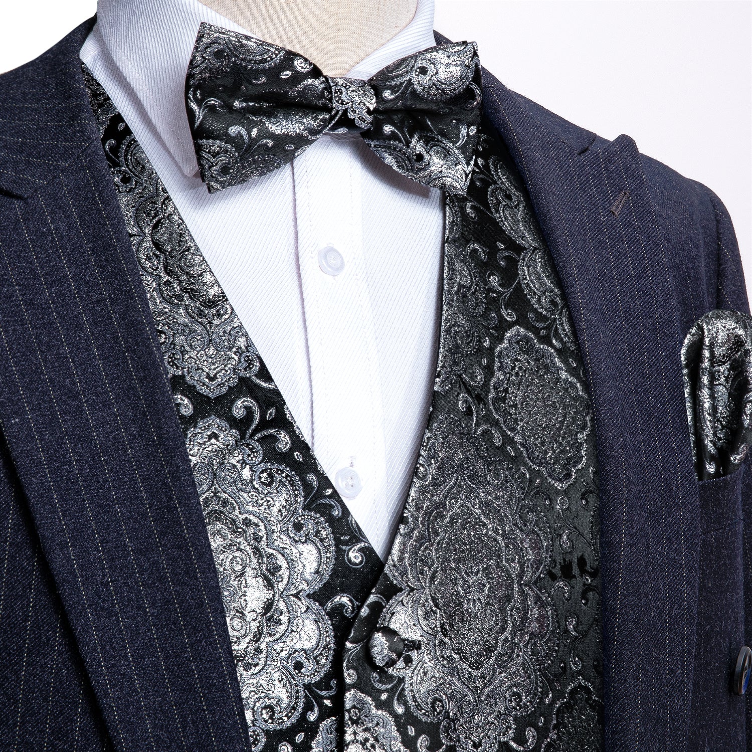 Luxury Men's Black Grey Paisley Silk Vest Bowtie Pocket square Cufflinks