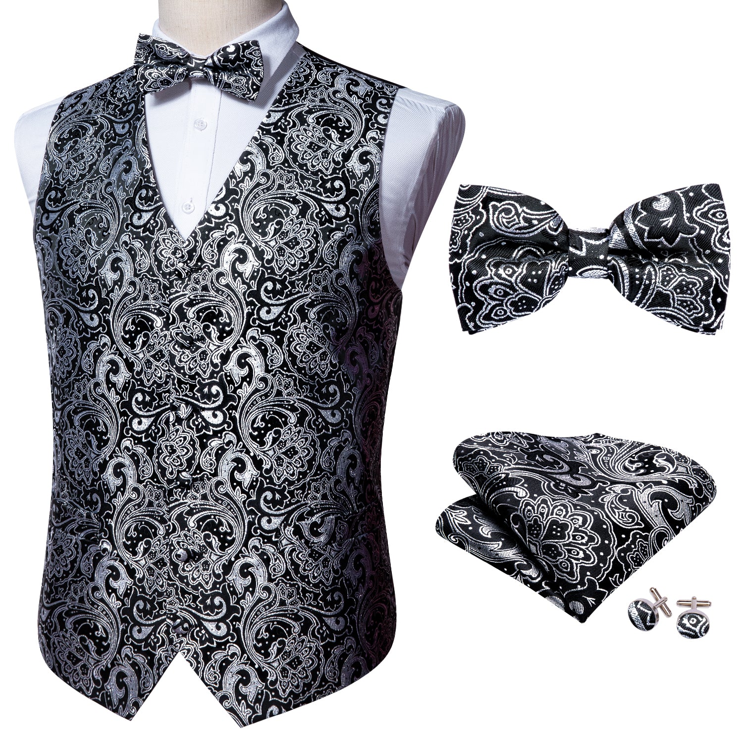 Luxury Men's Black Grey Paisley Silk Vest Bowtie Pocket square Cufflinks