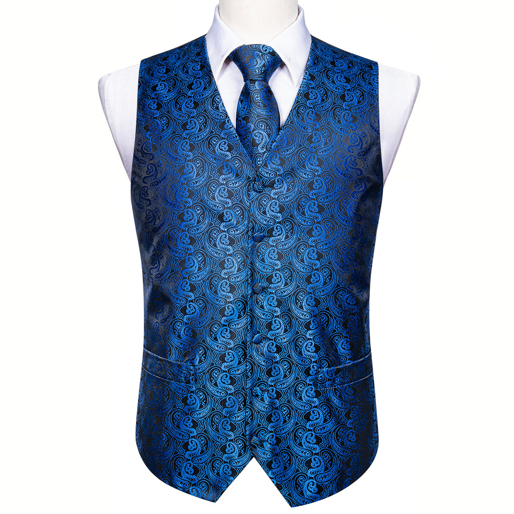 Men's Blue Paisley Silk Vest Necktie Pocket square Cufflinks – BarryWang