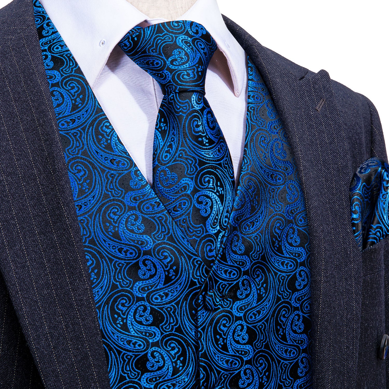 Men's Blue Paisley Silk Vest Necktie Pocket square Cufflinks