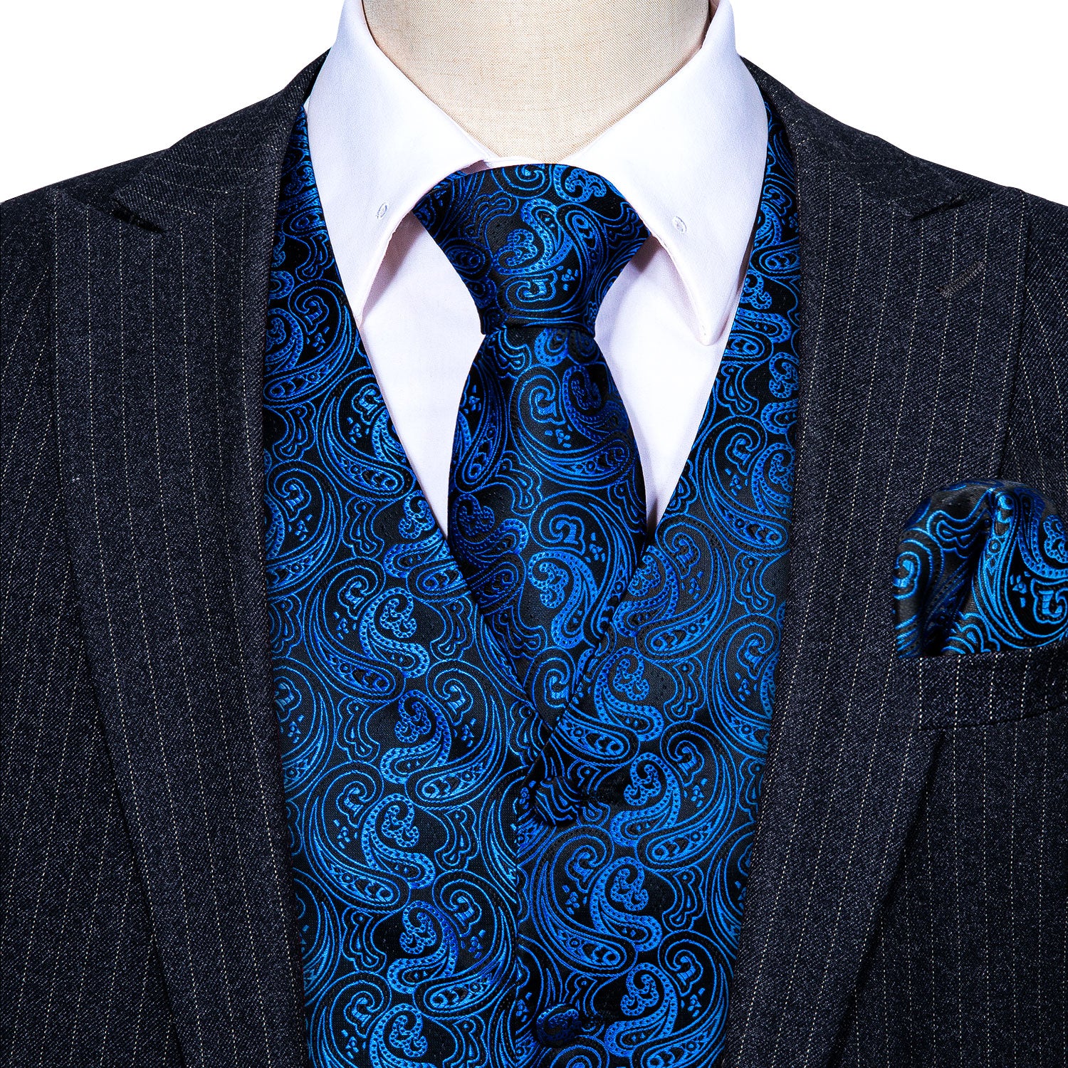 Men's Blue Paisley Silk Vest Necktie Pocket square Cufflinks