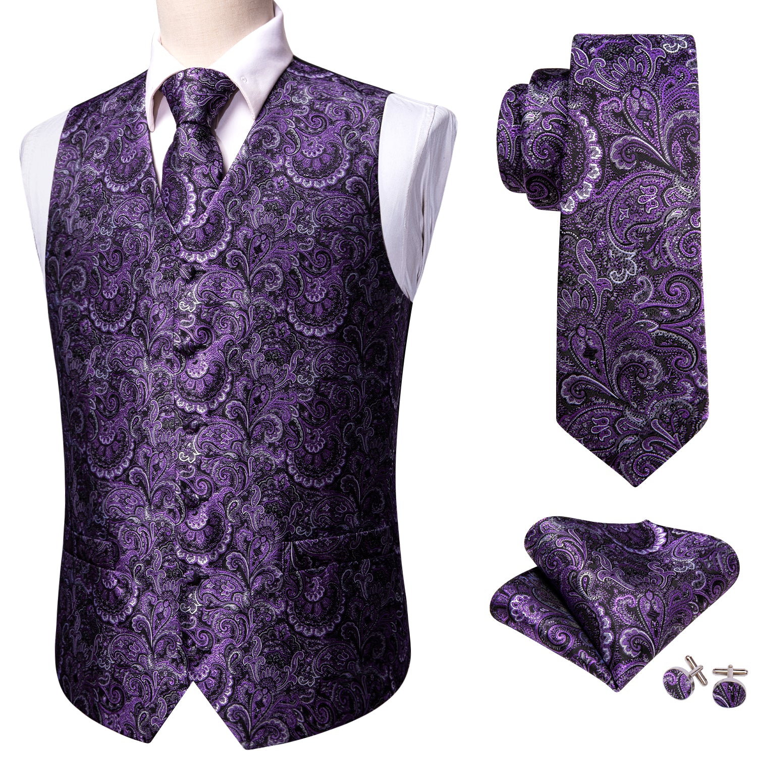 Fashionable Men's Purple Paisley Silk Vest Necktie Pocket square Cufflinks