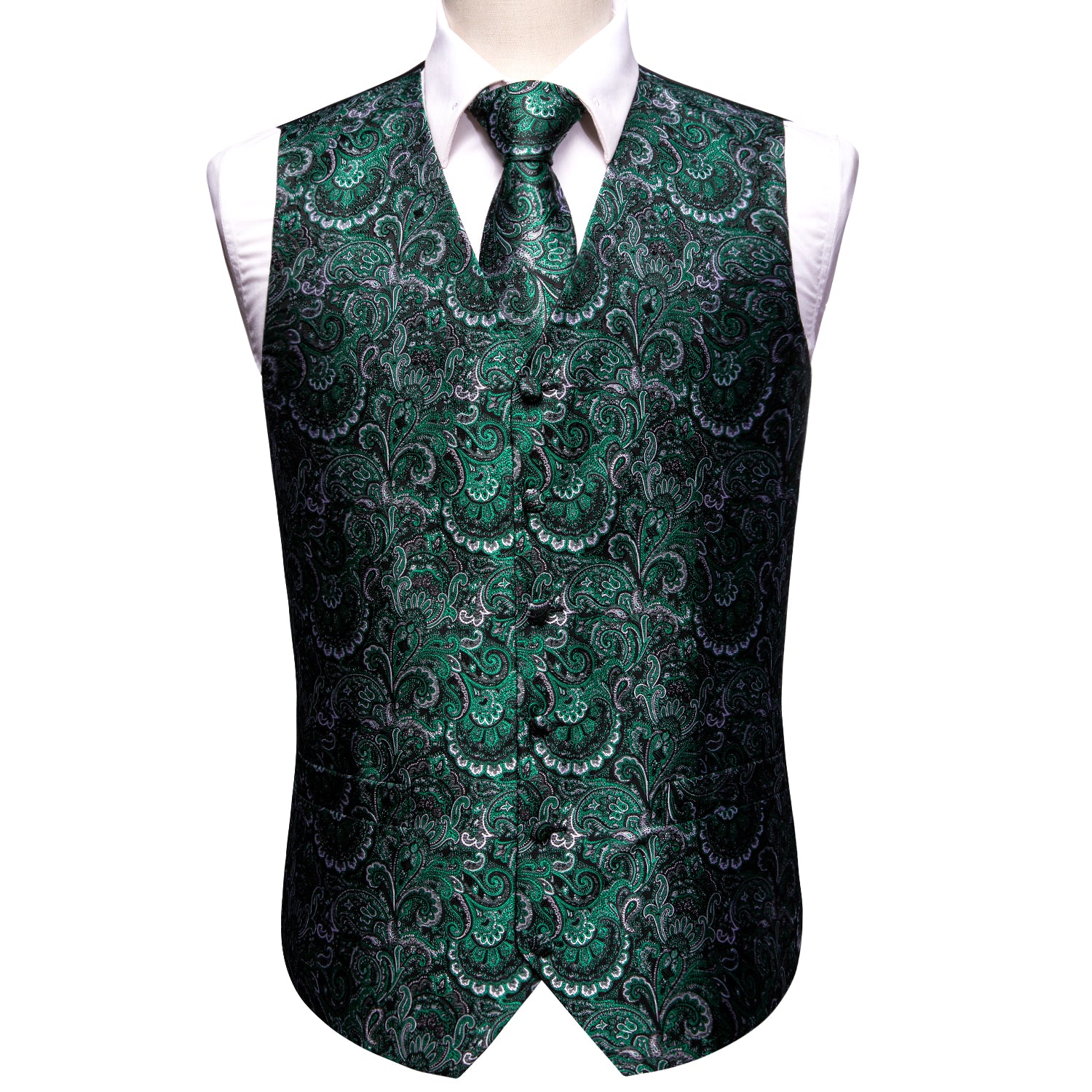 Classy Men's Green Paisley Silk Vest Necktie Pocket square Cufflinks