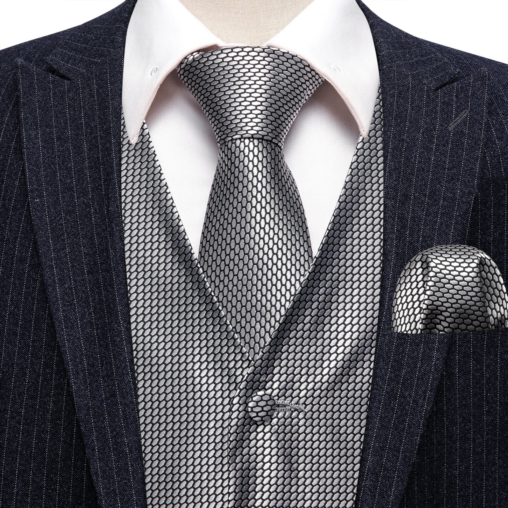 Grey Plaid Silk Vest Necktie Pocket square Cufflinks
