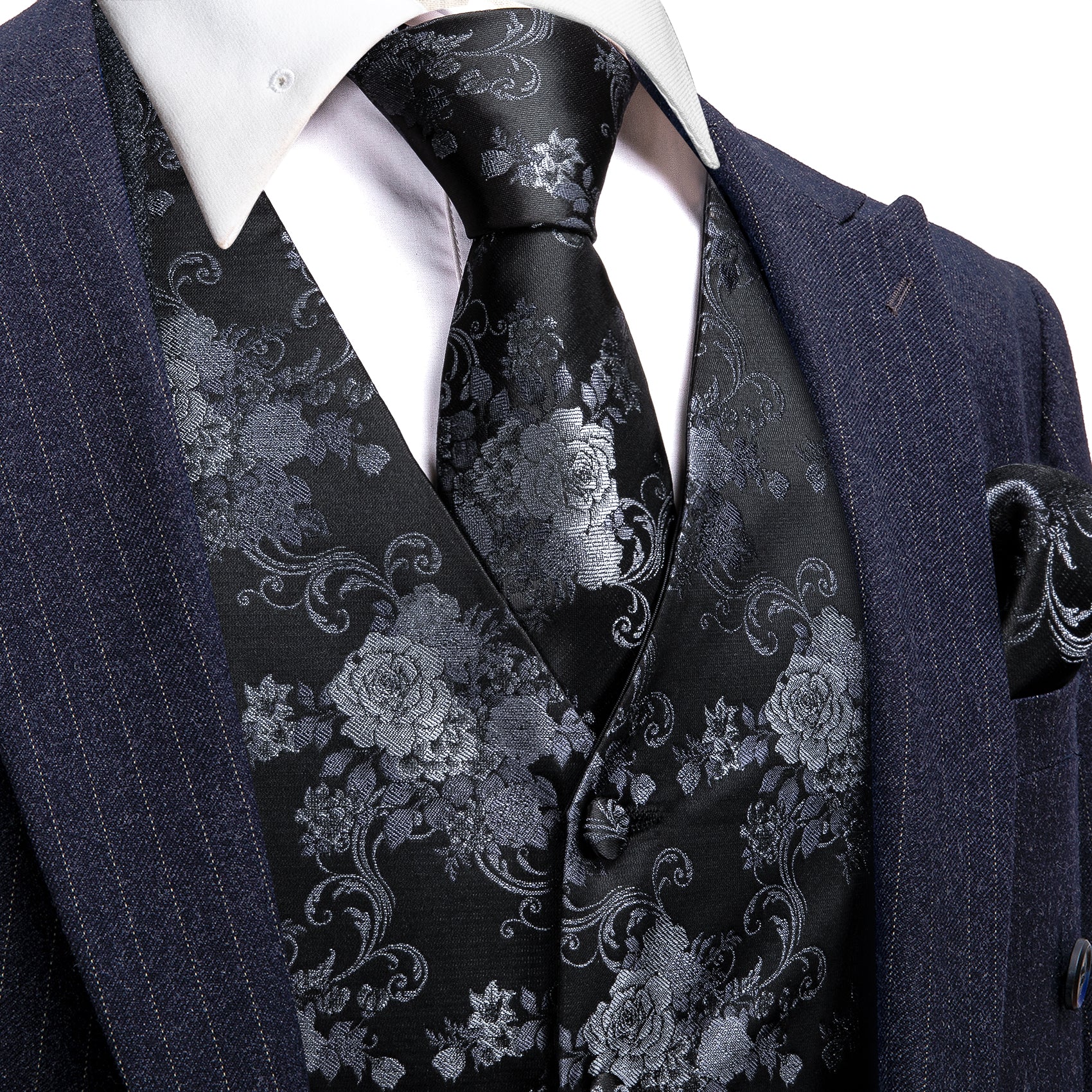 Men's Black Silver Flower Silk Vest Necktie Pocket Square Cufflinks Set