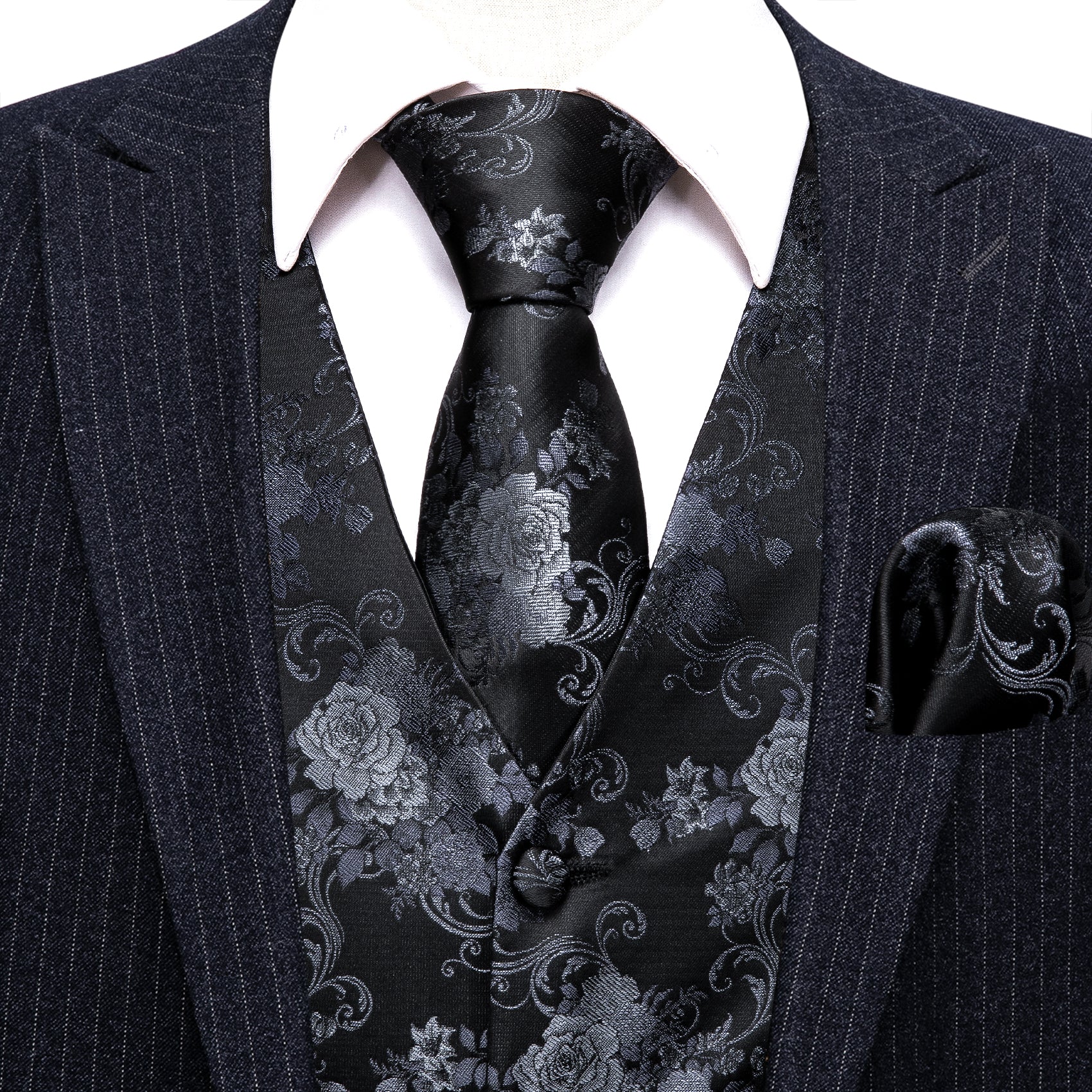 Men's Black Silver Flower Silk Vest Necktie Pocket Square Cufflinks Set