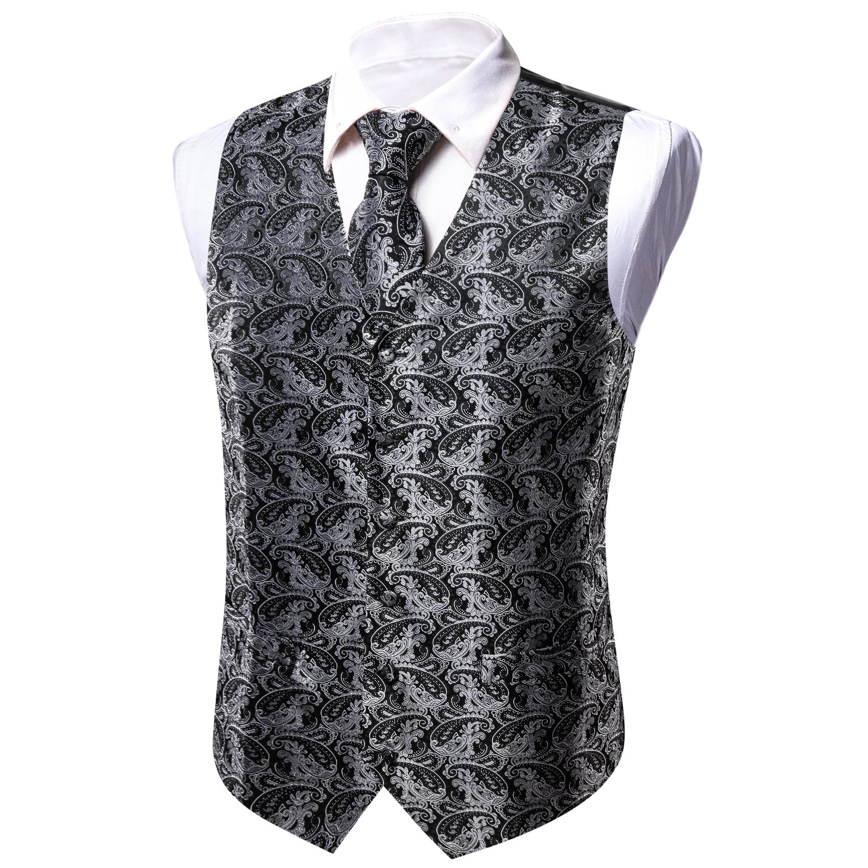 Black Silver Paisley Silk Vest Necktie Pocket square Cufflinks