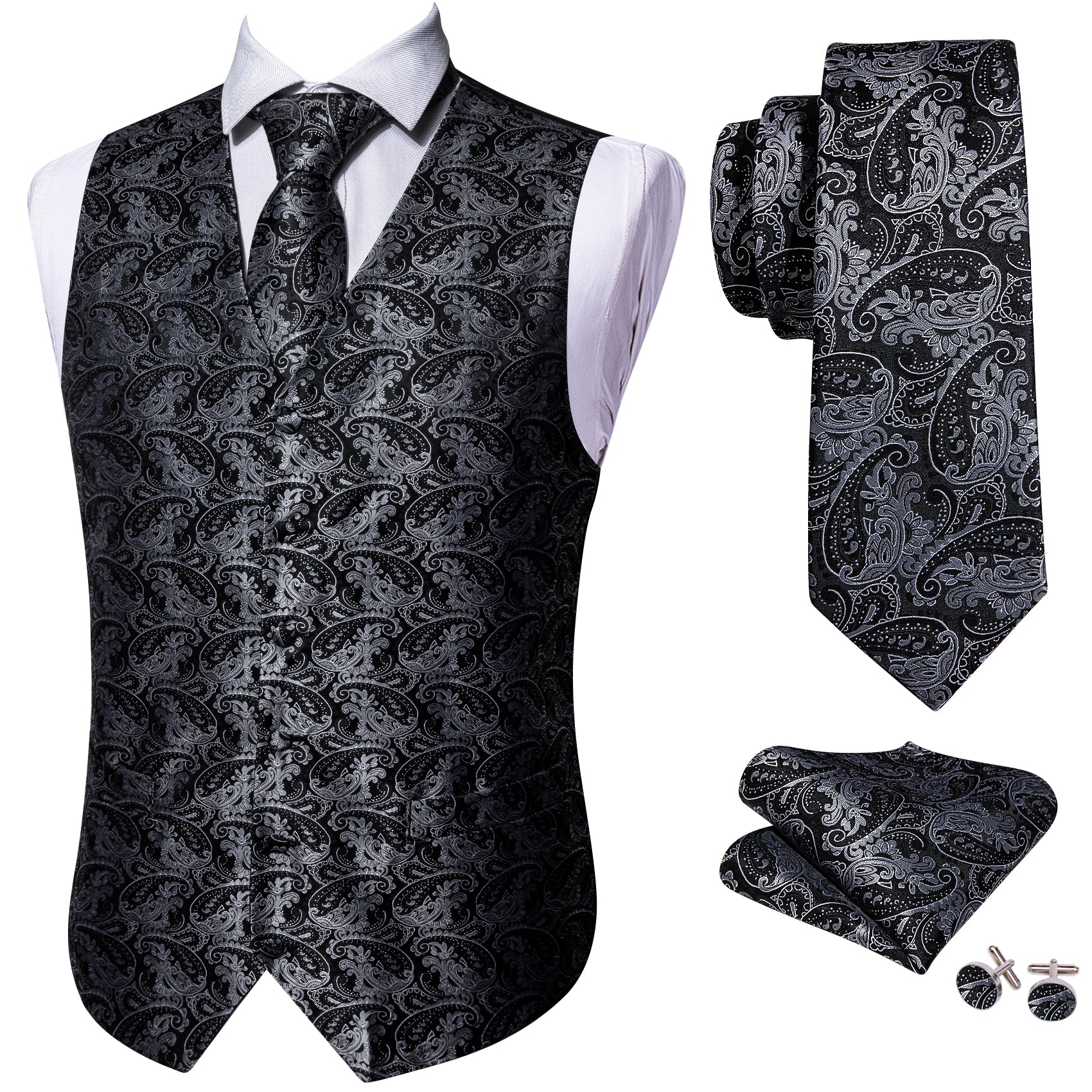 Black Silver Paisley Silk Vest Necktie Pocket square Cufflinks