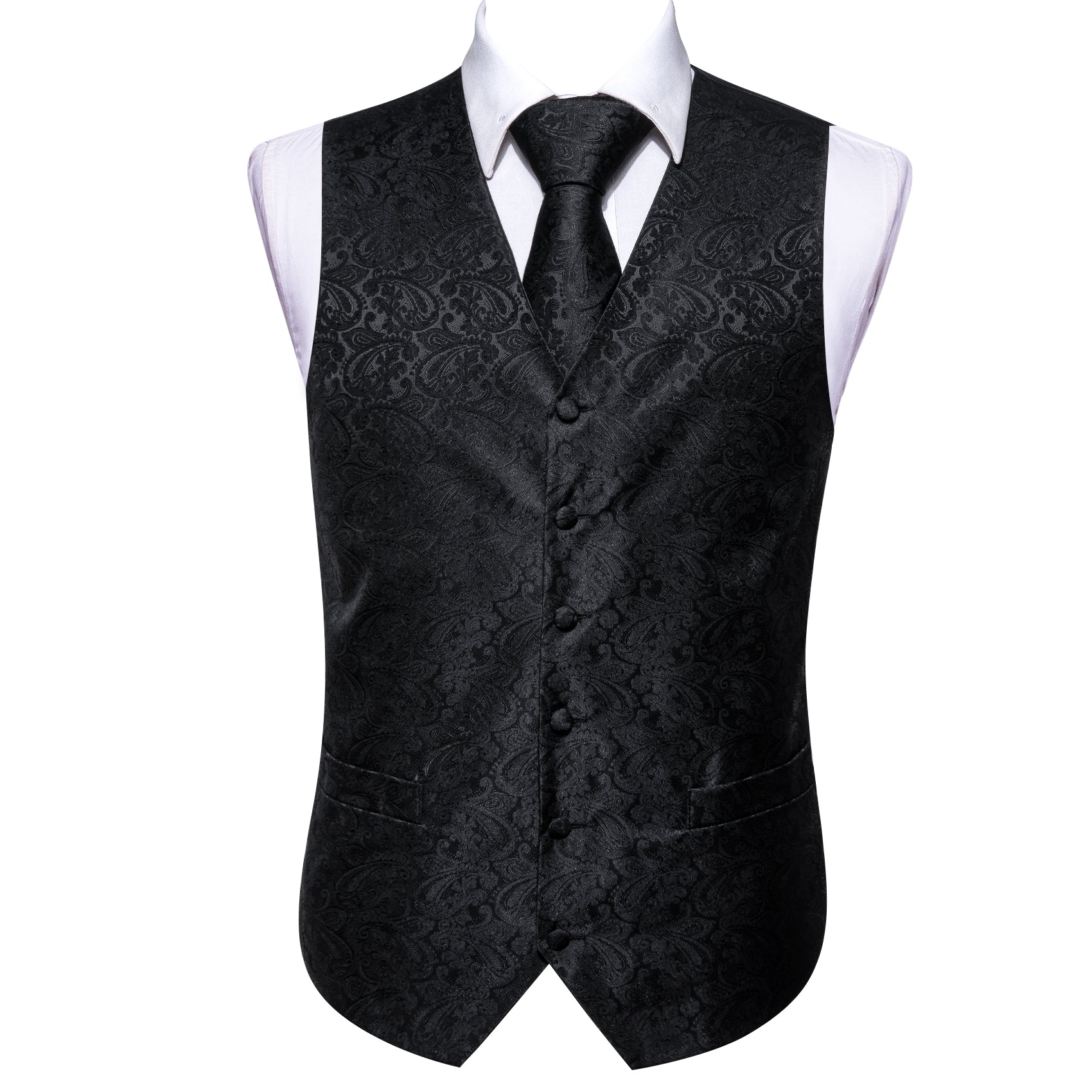 Black Paisley Silk Vest Necktie Pocket Square Cufflinks Set