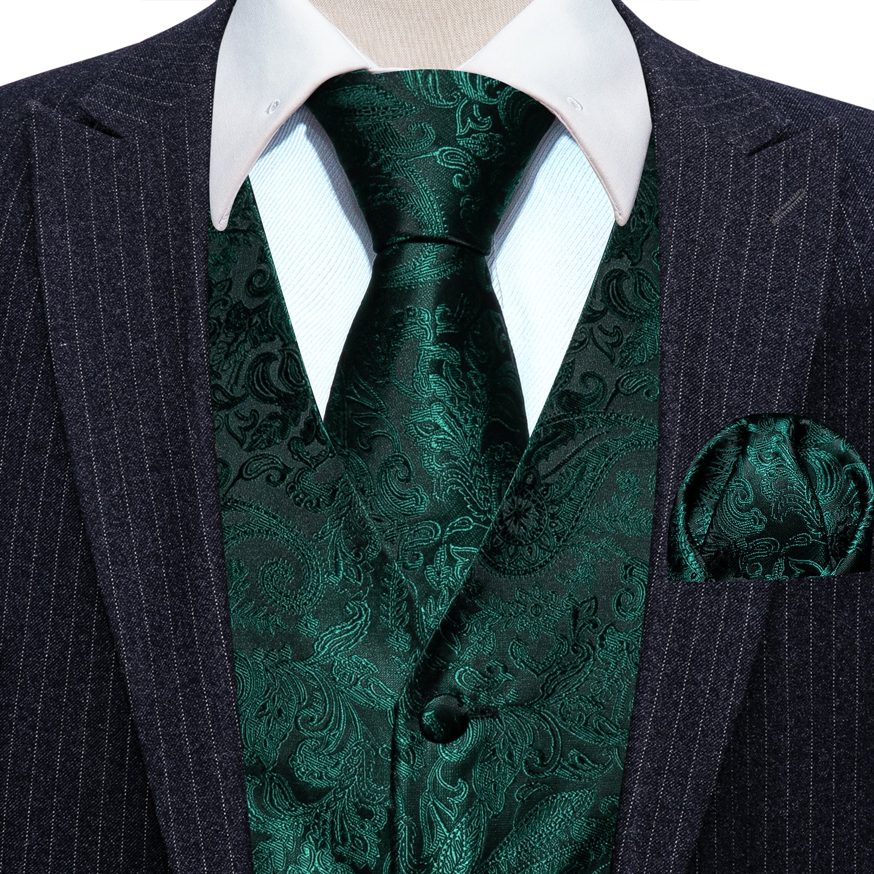 Green Paisley Silk Vest Necktie Pocket square Cufflinks
