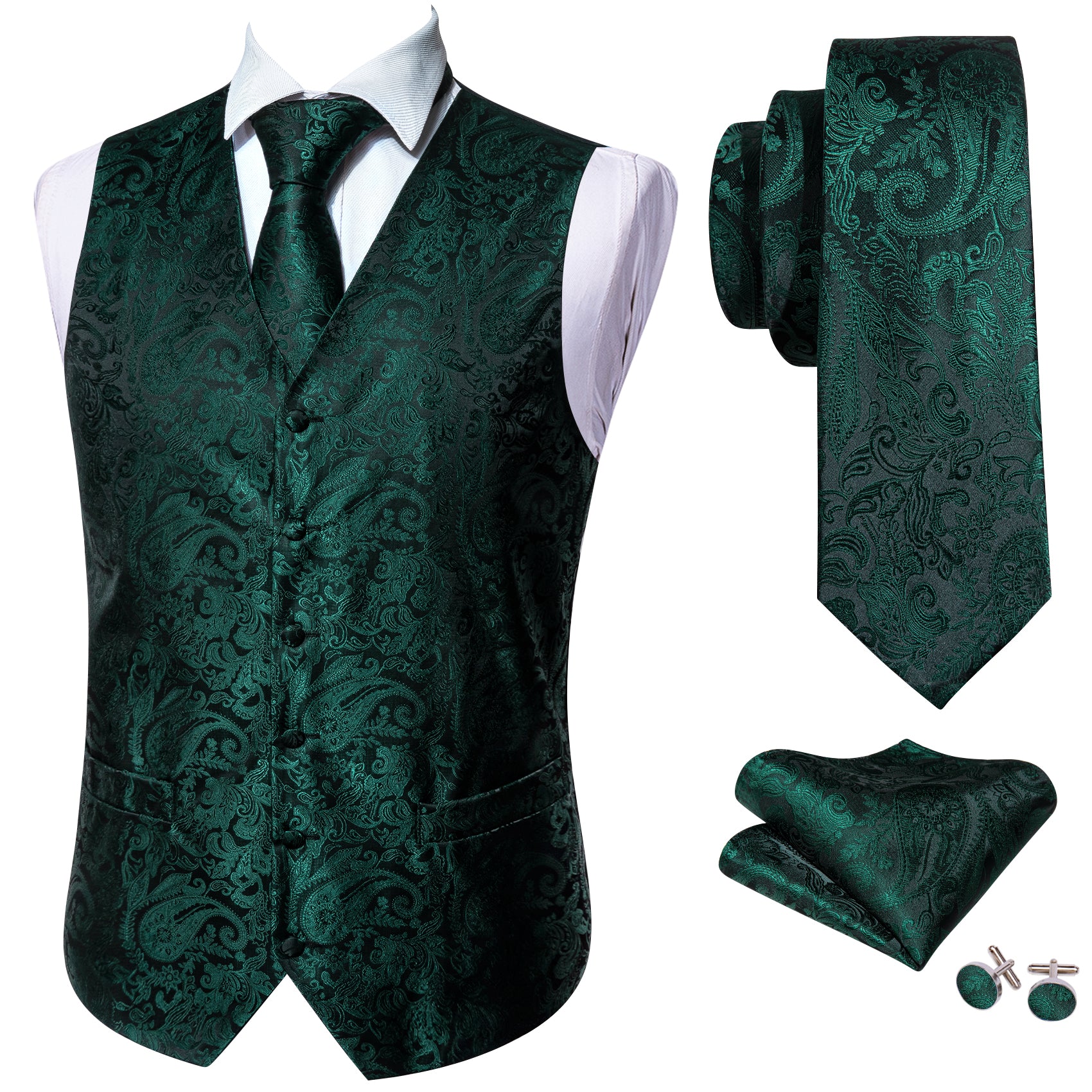 Green Paisley Silk Vest Necktie Pocket square Cufflinks