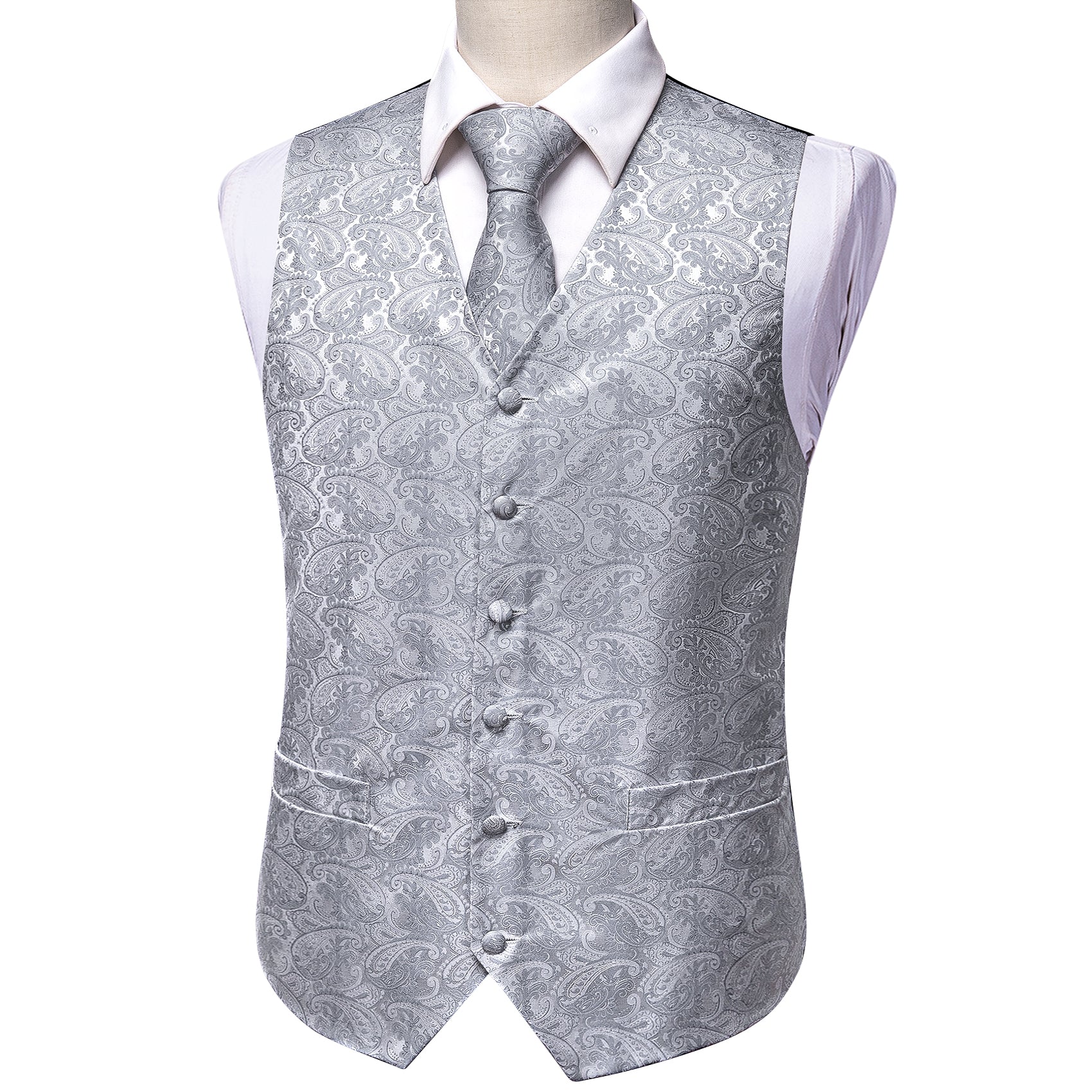 Men's Formal Silver Paisley Silk Vest Necktie Pocket Square Cufflinks Set