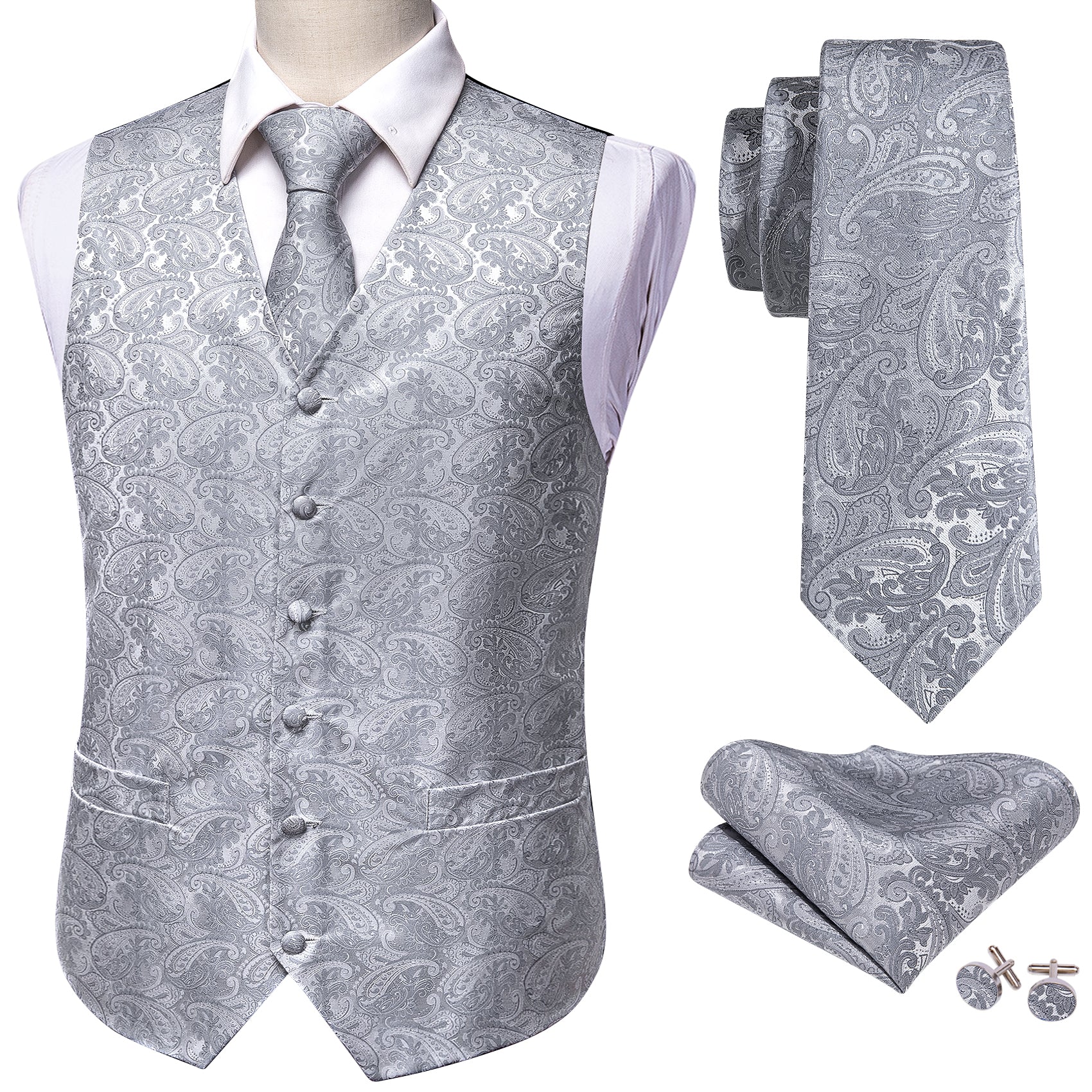 Men's Formal Silver Paisley Silk Vest Necktie Pocket Square Cufflinks Set