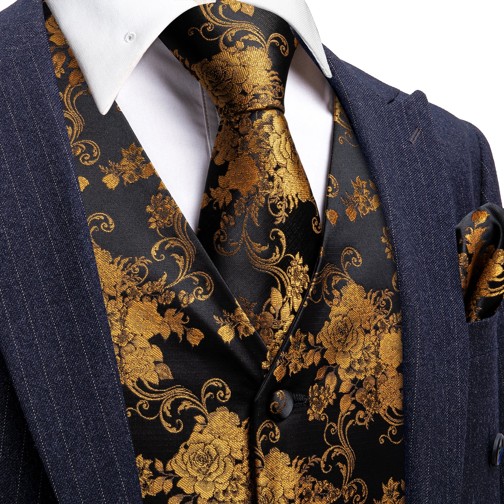 Black Gold Flower Silk Vest Necktie Pocket Square Cufflinks Set