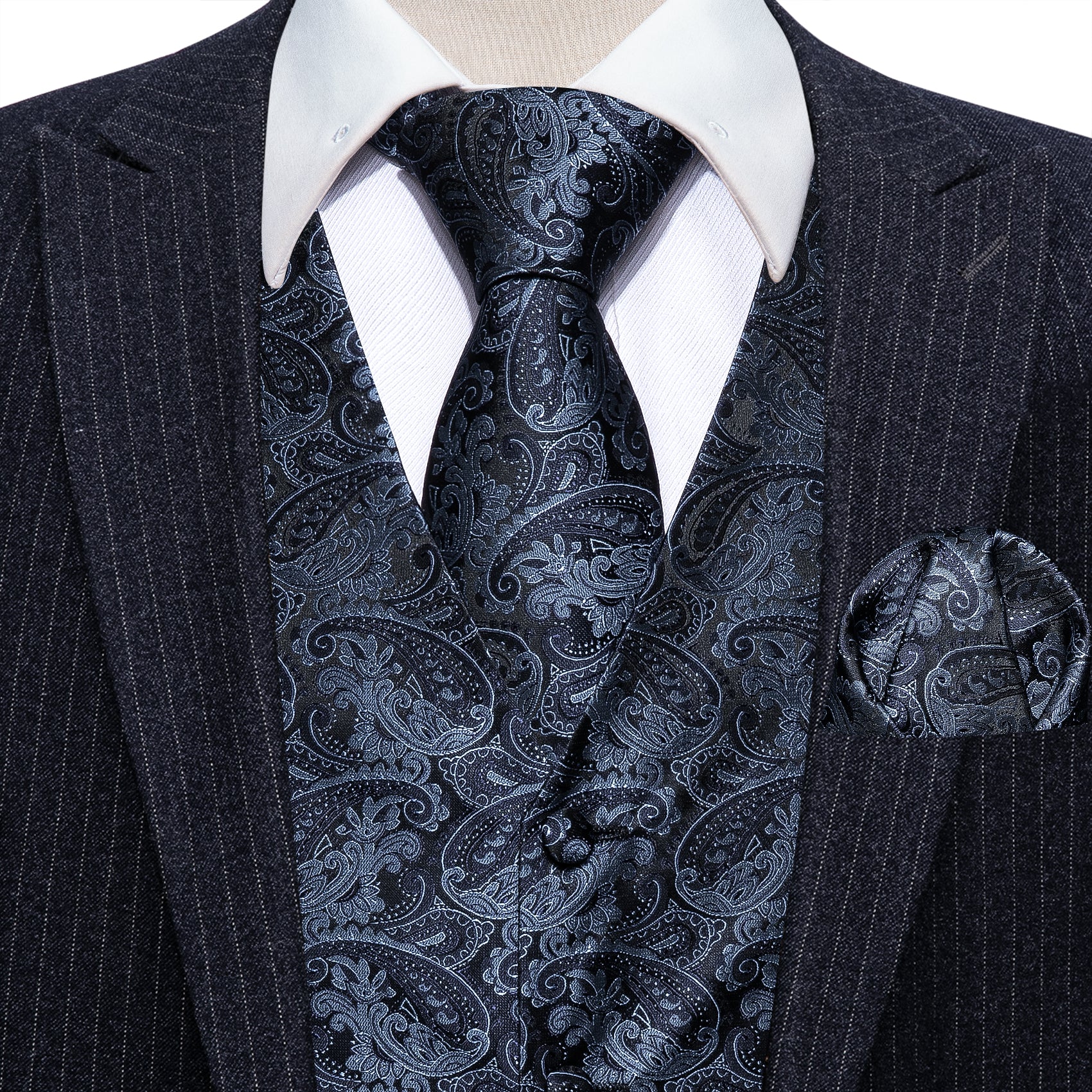 Blue Black Paisley Silk Vest Necktie Pocket square Cufflinks